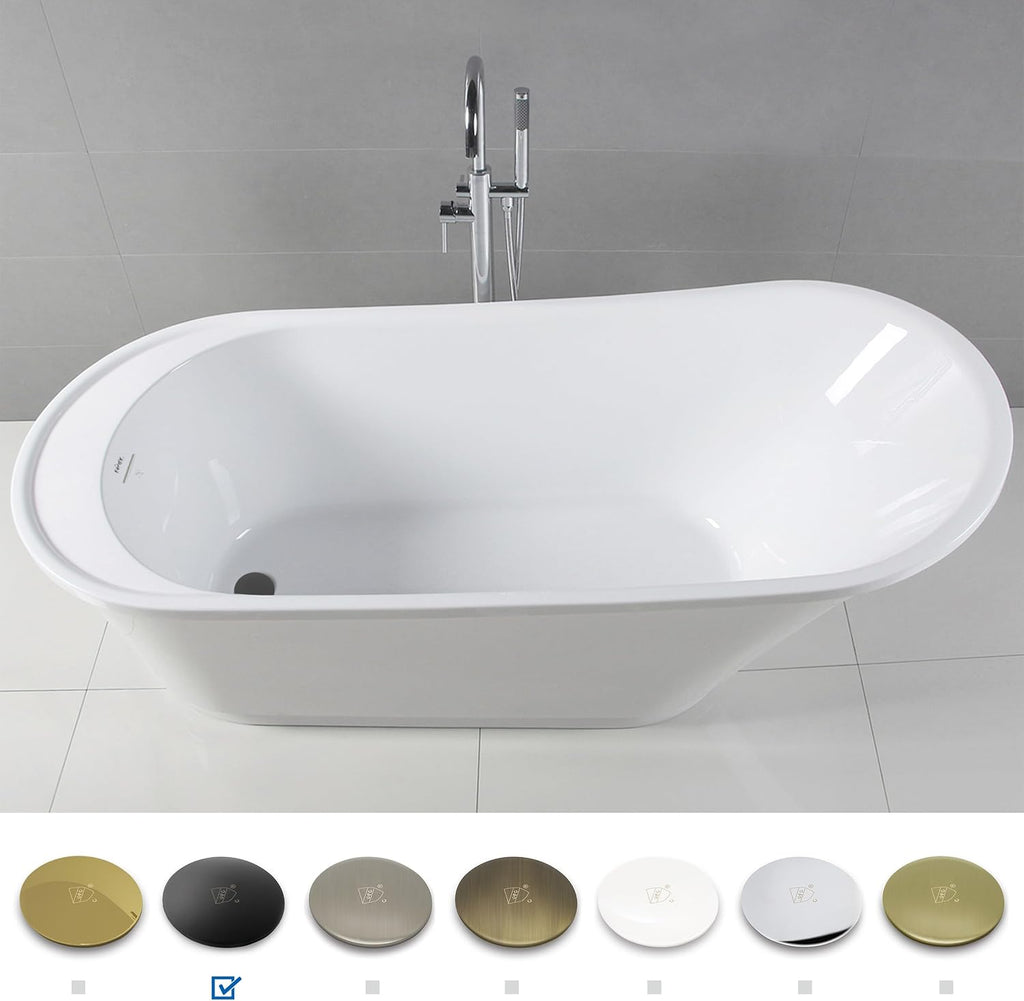 FerdY Langkawi 67' Acrylic Freestanding Bathtub, White Modern Stand Alone Soaking Bathtub, cUPC Certified, Matte Black Drain and Minimalist Linear Design Overflow Included, Easy to Install, 02568T