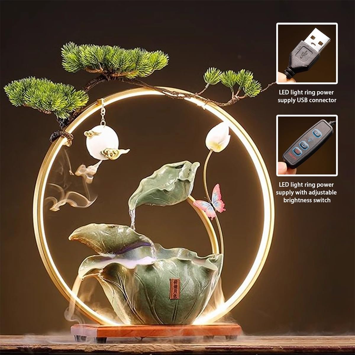 Table Fountain, Waterfall Tabletop, Fountains Indoor, with LED Lights, for Home Office Ambience, for Office, Bedroom, Living Room(19.7x7.1x20.5in)