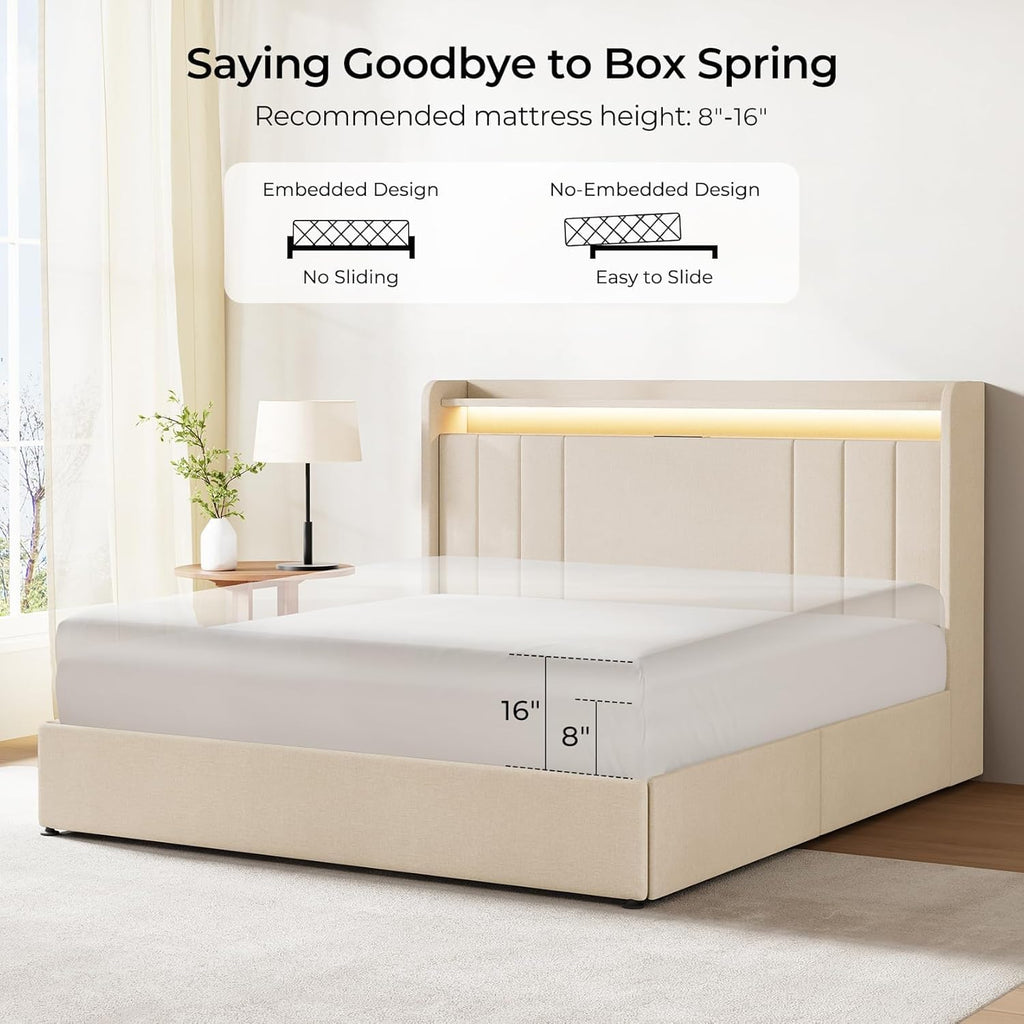koorlian Queen Size Upholstered Bed Frame with Storage Headboard and 4 Dustproof Drawers, 51'' Tall LED Platform Bed Frame with Adjustable Headboard, USB/Type-C Charging and Side Storage, Off White