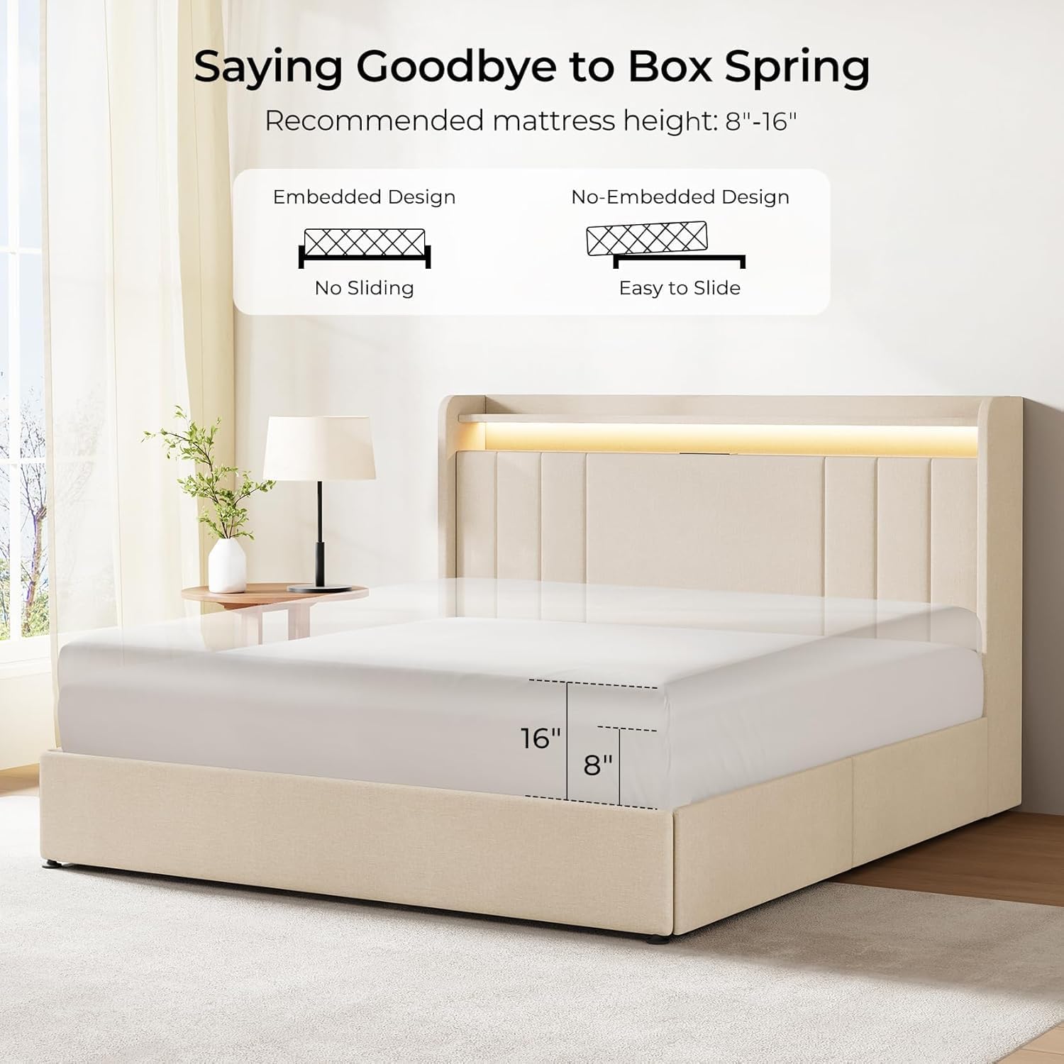 koorlian Queen Size Upholstered Bed Frame with Storage Headboard and 4 Dustproof Drawers, 51'' Tall LED Platform Bed Frame with Adjustable Headboard, USB/Type-C Charging and Side Storage, Off White
