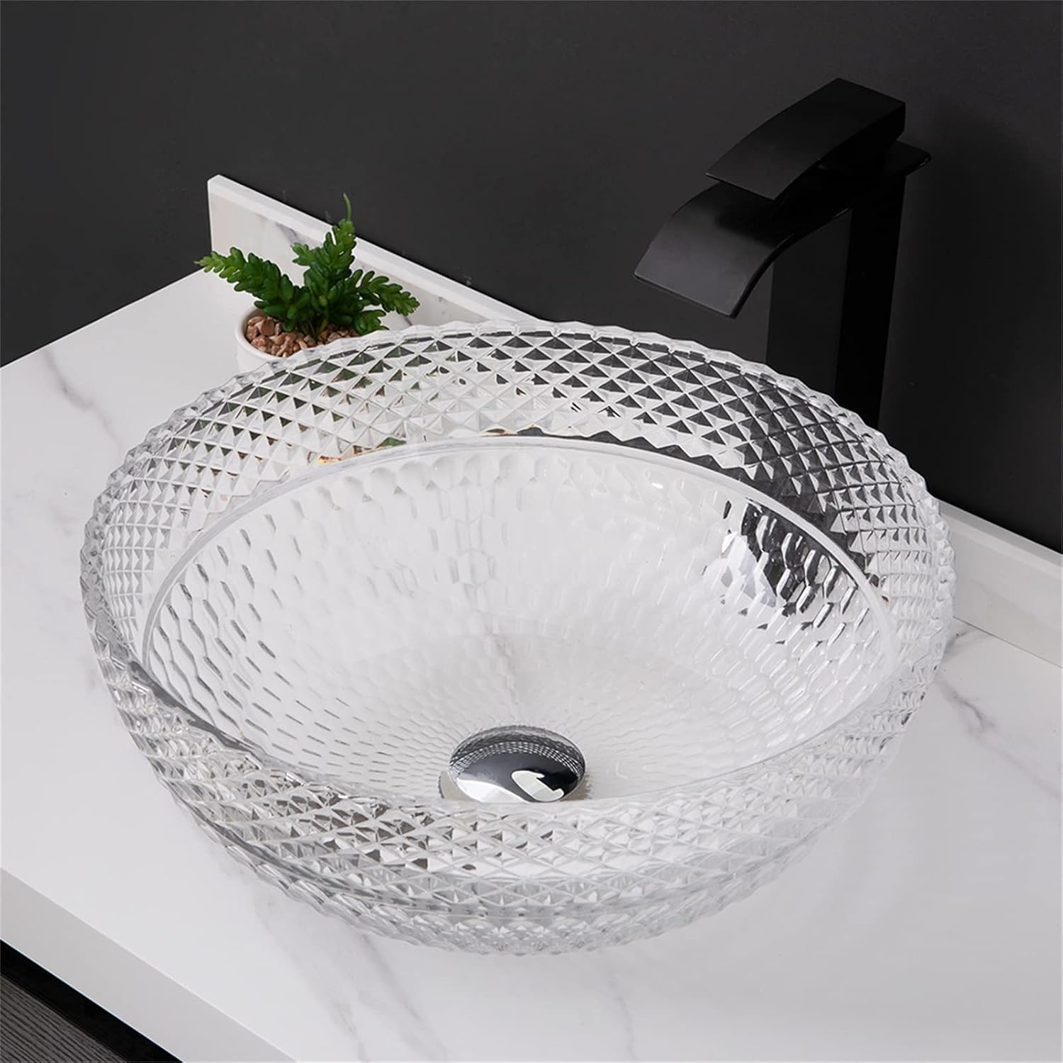 Tempered Glass Vessel Bathroom Vanity Sink Round Bowl, Transparent Above Counter Bathroom Vessel Vanity Sink with Chrome Faucet and Pop-Up Drain Combo,Single Basin Set (Single Basin Set)