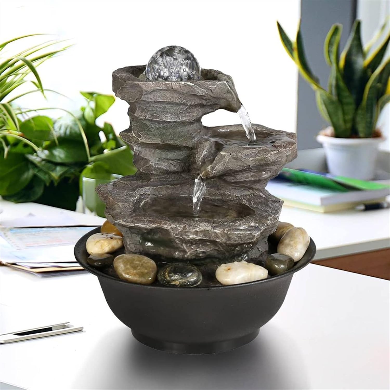 HIHELO Indoor Tabletop Waterfall Fountain Desktop Fountain Interior Decoration Tabletop Fountain with LED Lights and Rotating Ball, Suitable for Home Office 21.5×21.5×25cm Meditation Fountain