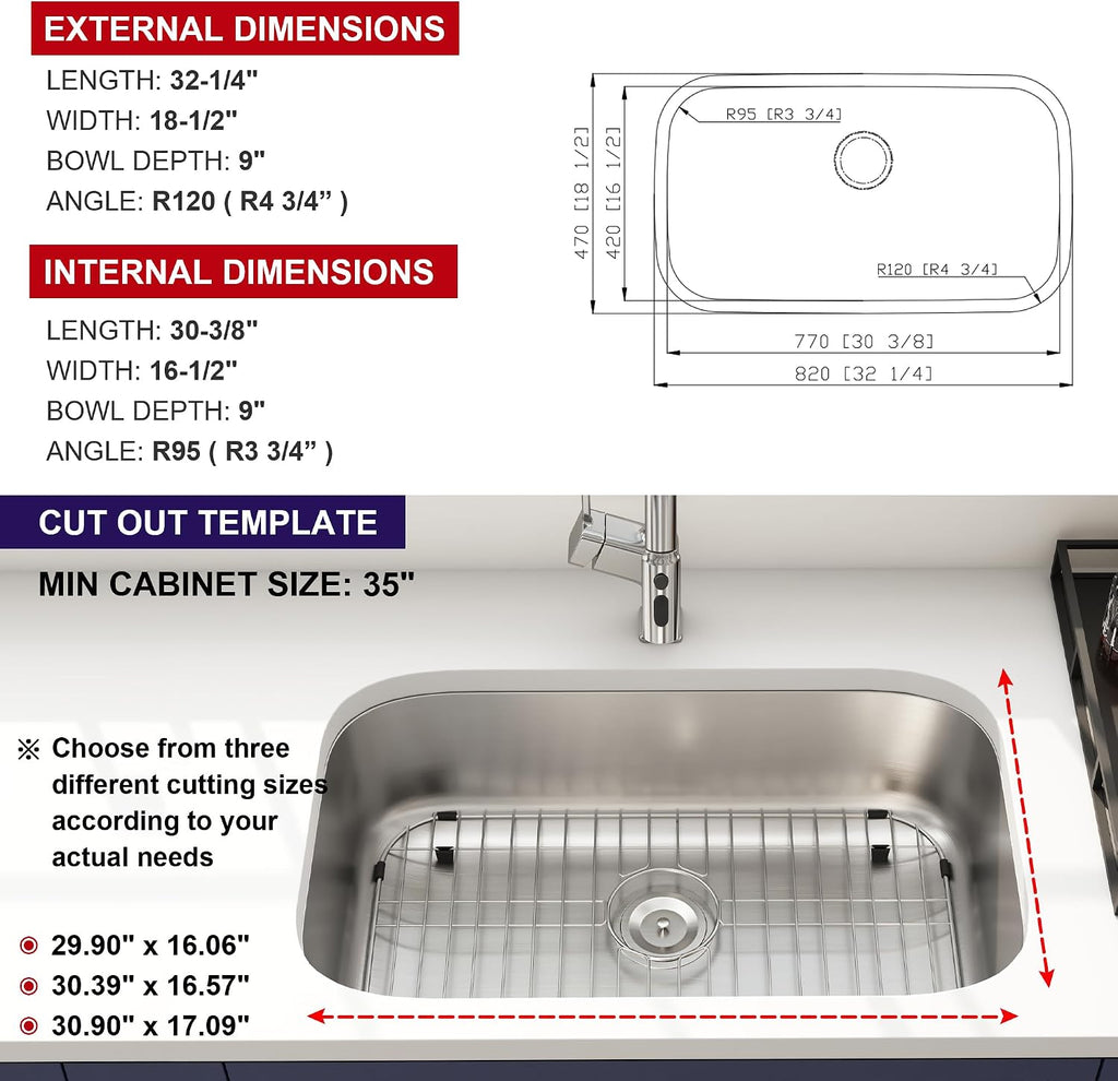 32 Inch Undermount Kitchen Sink 18 Gauge Stainless Steel Spacious Single Bowl Curved Shape Round Corner Deep Sinks with Basket Strainer and Bottom Grid 32' x 18' x 9'