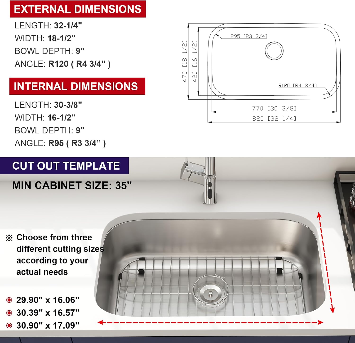 32 Inch Undermount Kitchen Sink 18 Gauge Stainless Steel Spacious Single Bowl Curved Shape Round Corner Deep Sinks with Basket Strainer and Bottom Grid 32' x 18' x 9'