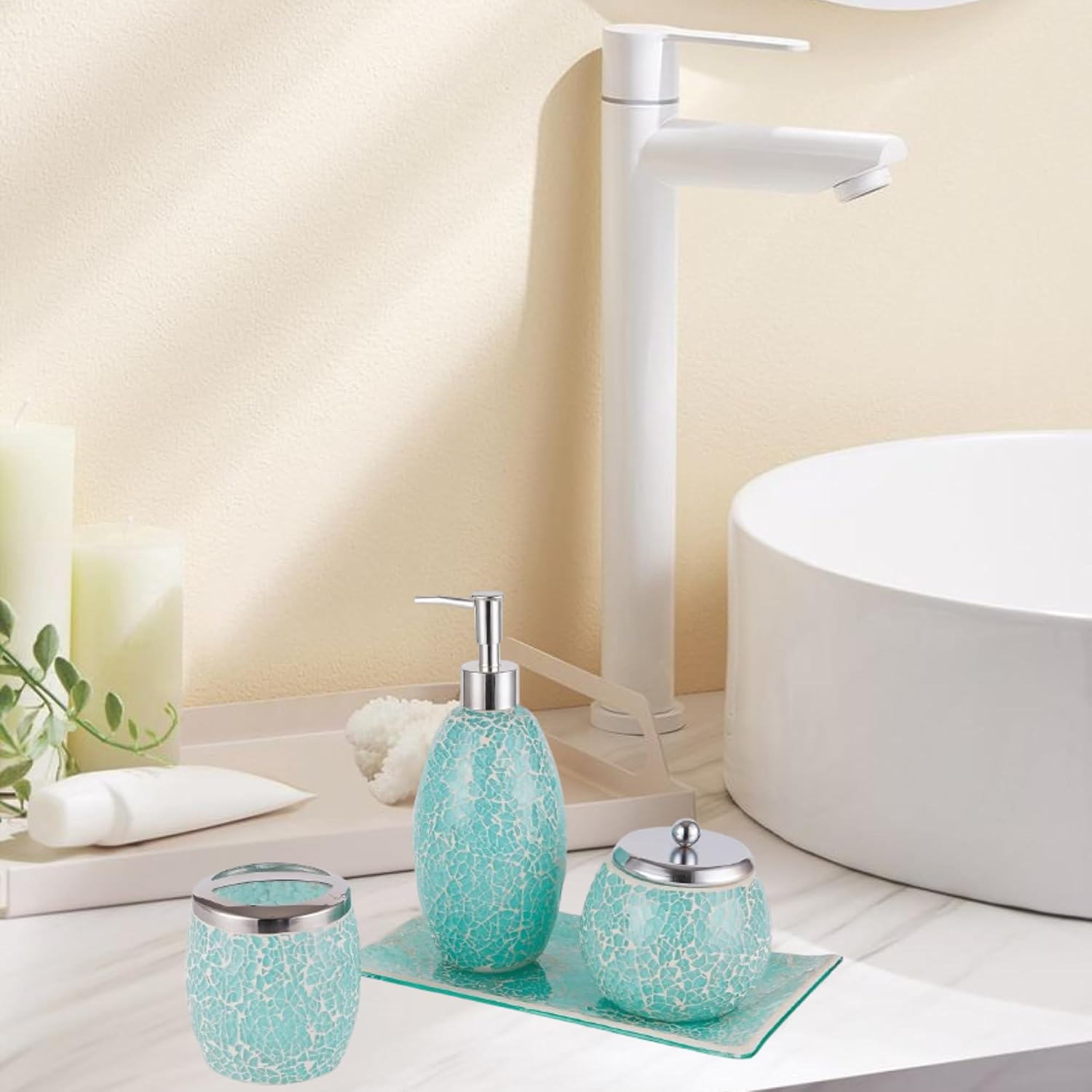 Modern Green Bathroom Accessories Sets 6 Pcs | Luxurious Toilet Brush, Small Trash Can, Glass Soap Dispenser, Toothbrush Holder, Cotton Glass Jar, Vanity Tray | Turquoise Bathroom Decor Mosaic Glass
