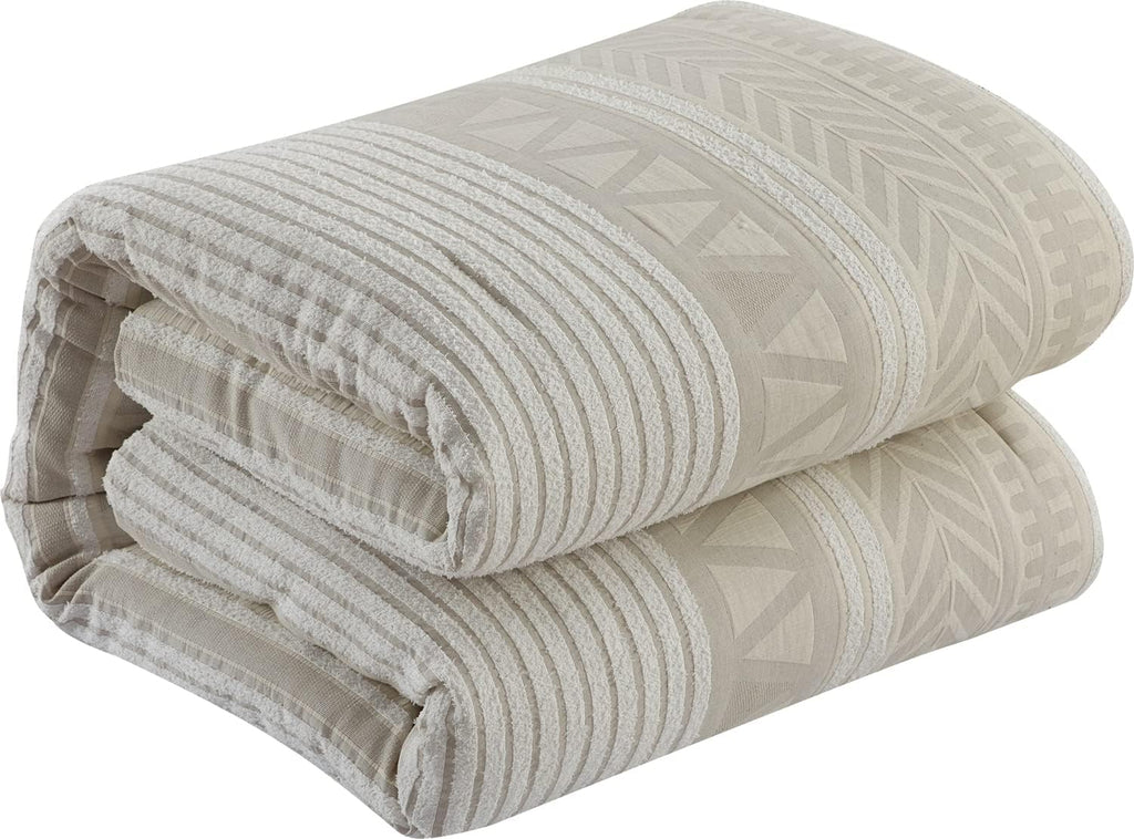 Grand Avenue Cotton Queen Size Comforter Set, 6 Piece, Beige Geometric Jacquard Bedding Set, Bedskirt, Pillows & Shams, Home Decor