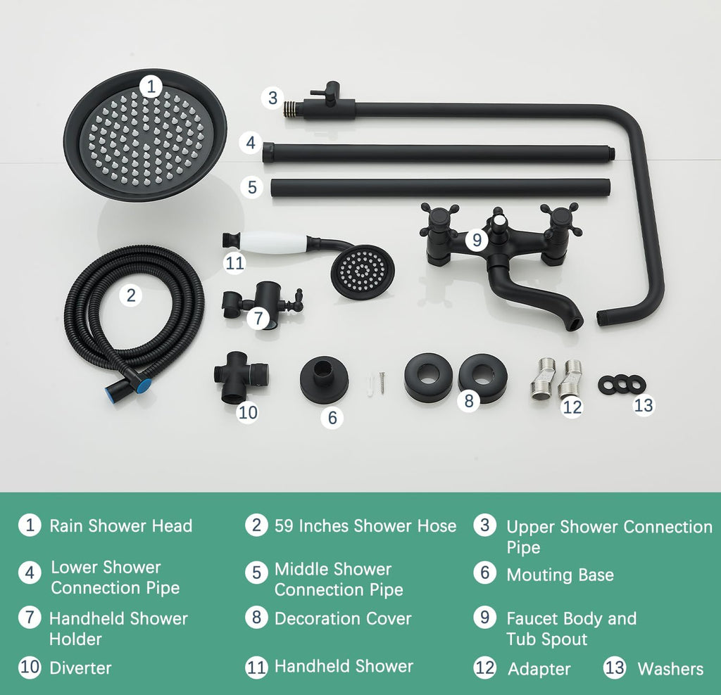 Shower System Matte Black Outdoor Shower Fixtures with 8 Inch Shower Head Handheld Spray and Tub Spout 2 Cross Handles Wall Mounted Shower Faucet Set for Bathroom or Backyard