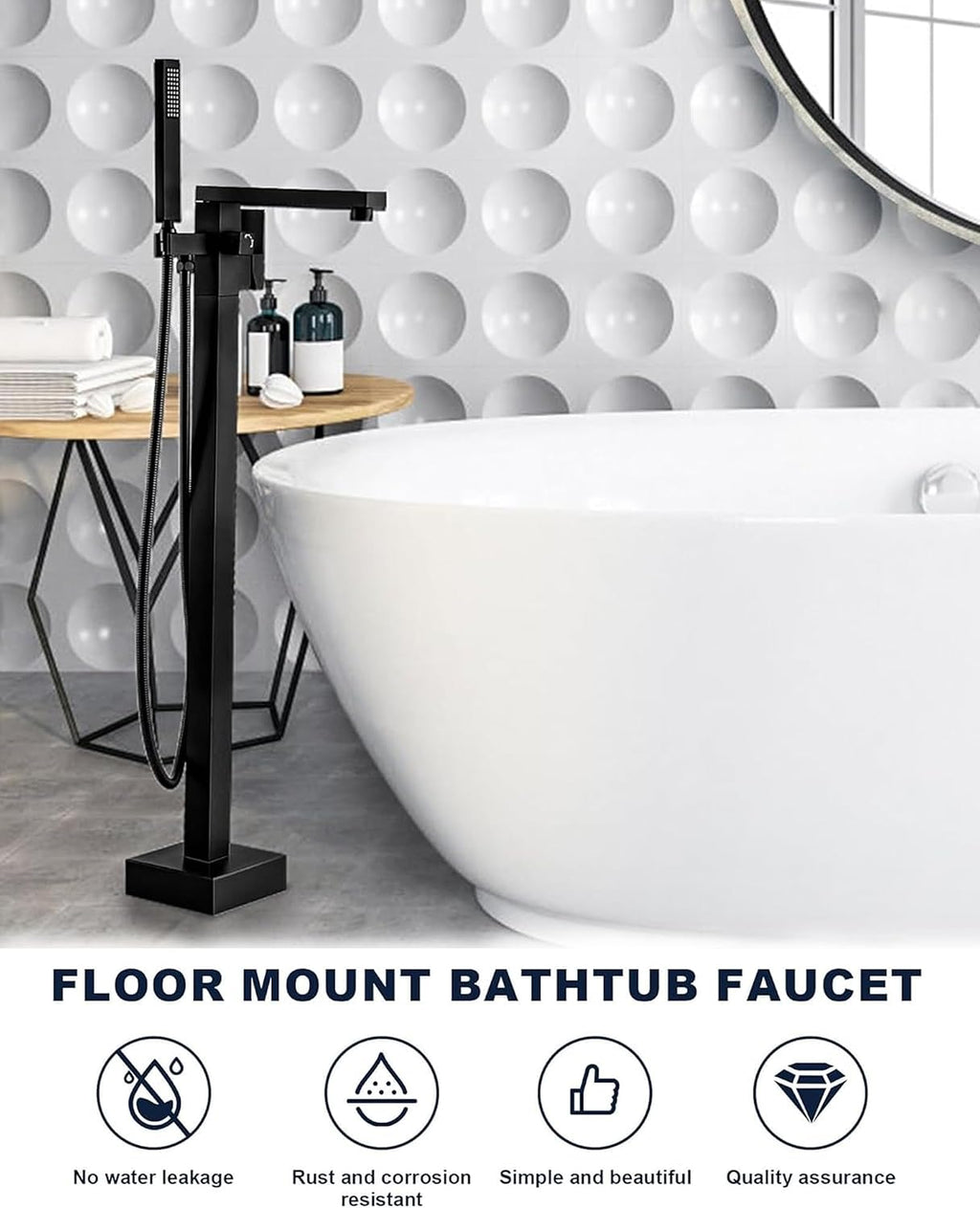Free Standing Tub Faucet Matte Black,Freestanding Bathtub Faucet For Luxury Bathtub,High Flow Tub Filler,Swivel Spout Brass Construction with Handheld Shower