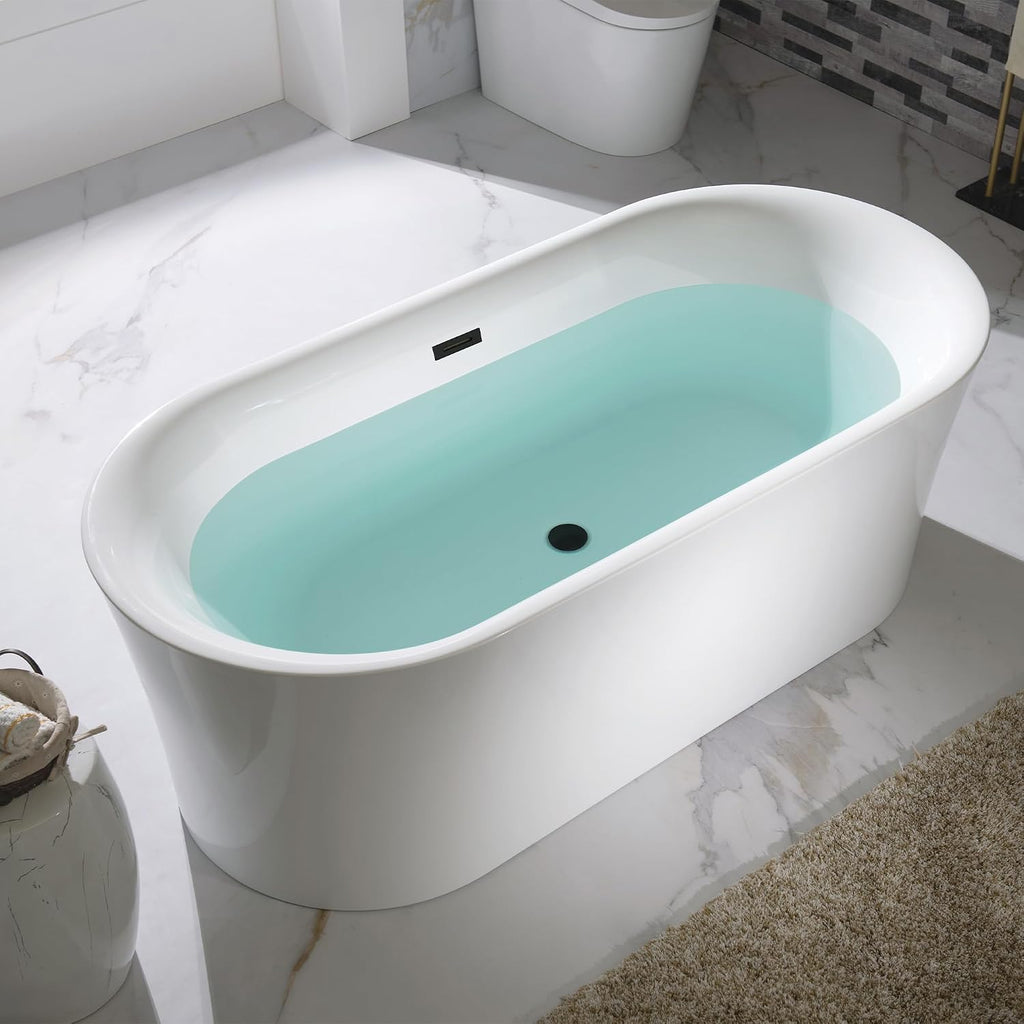 WOODBRIDGE 67' Acrylic Freestanding Bathtub Contemporary Soaking Tub with Matte Black Overflow and Drain,White Tub,B0057-MB