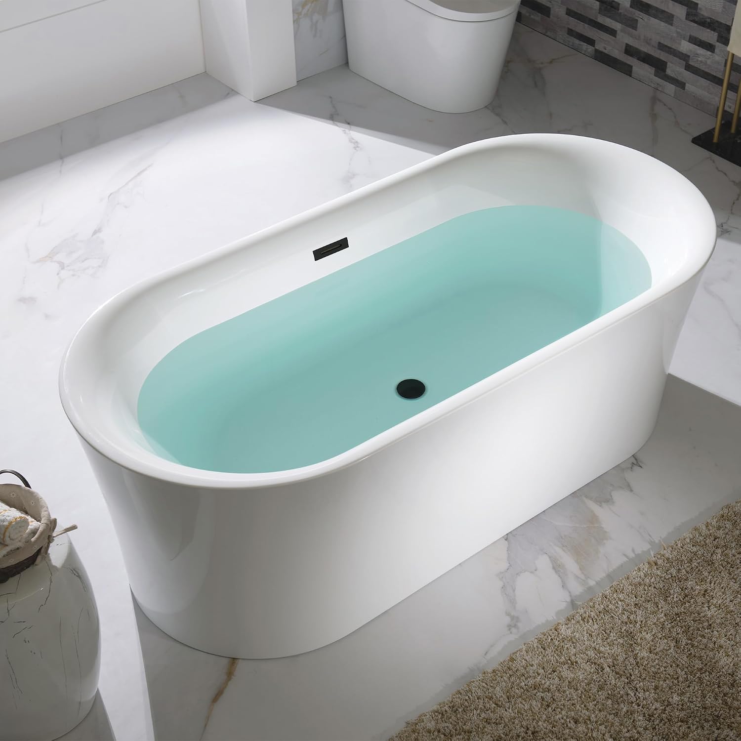 WOODBRIDGE 67' Acrylic Freestanding Bathtub Contemporary Soaking Tub with Matte Black Overflow and Drain,White Tub,B0057-MB
