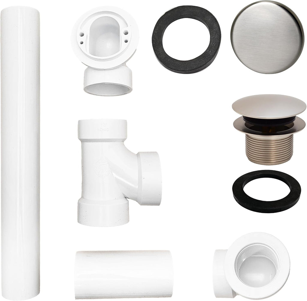 Westbrass 493244H-07 14' SCH. 40 PVC Bath Waste & Overflow Assembly with Illusionary Faceplate and Tip-Toe Drain Plug, Satin Nickel (4-Pack)