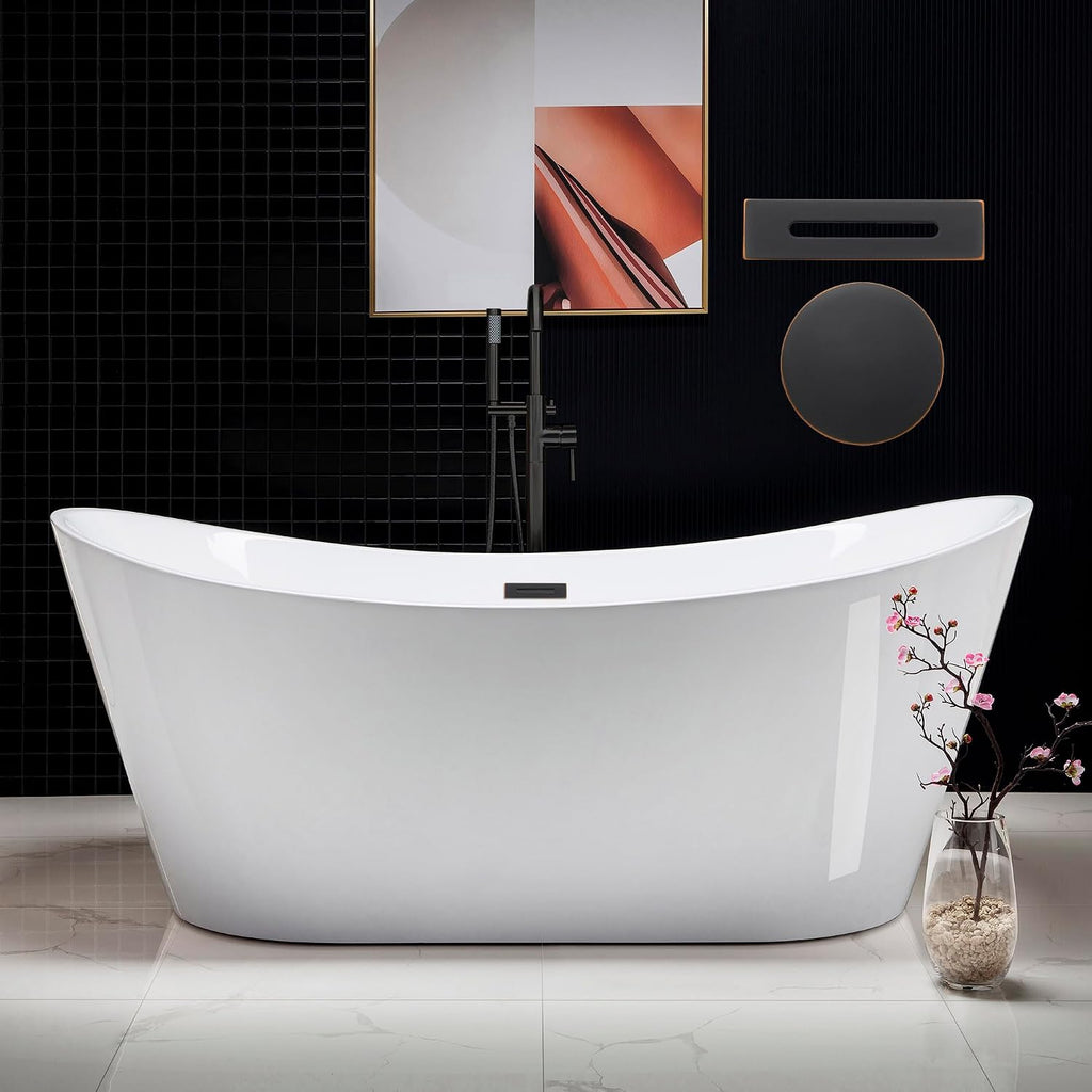WOODBRIDGE 71' Acrylic Freestanding Bathtub Contemporary Soaking White Tub with Oil Rubbed Bronze Overflow and Drain,B0017-ORB