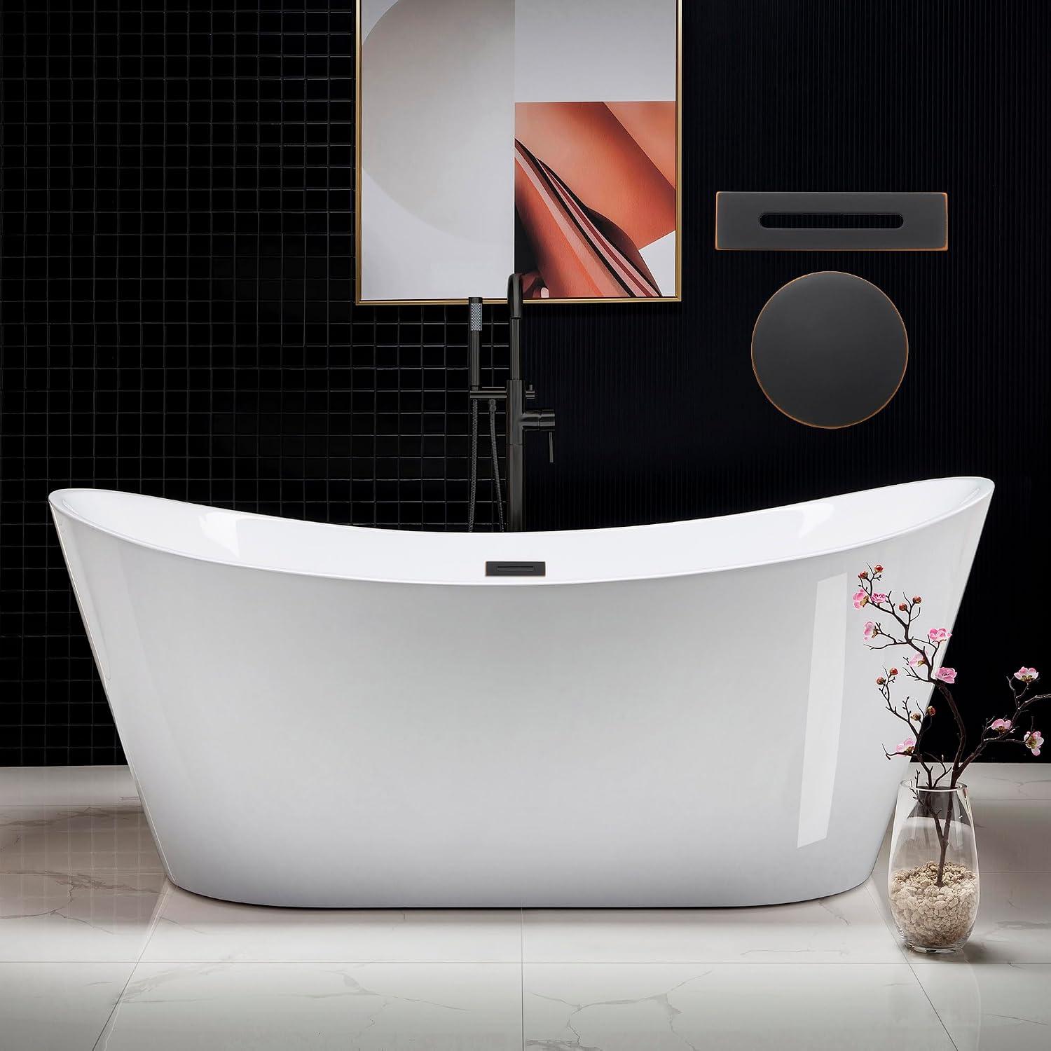 WOODBRIDGE 71' Acrylic Freestanding Bathtub Contemporary Soaking White Tub with Oil Rubbed Bronze Overflow and Drain,B0017-ORB