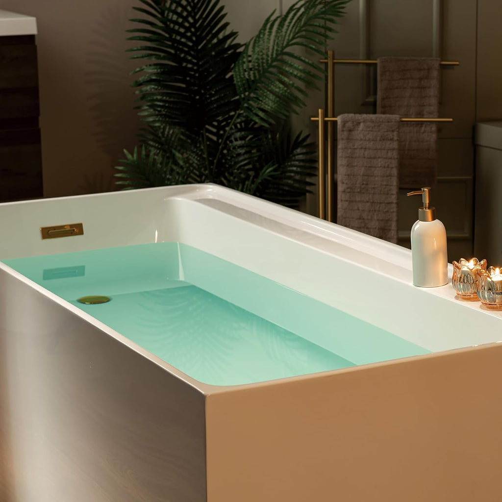 WOODBRIDGE 66-7/8' L x 31-1/2' W Freestanding Contemporary Soaking Bathtub with Brushed Gold Drain & Overflow, White, B6710-BG