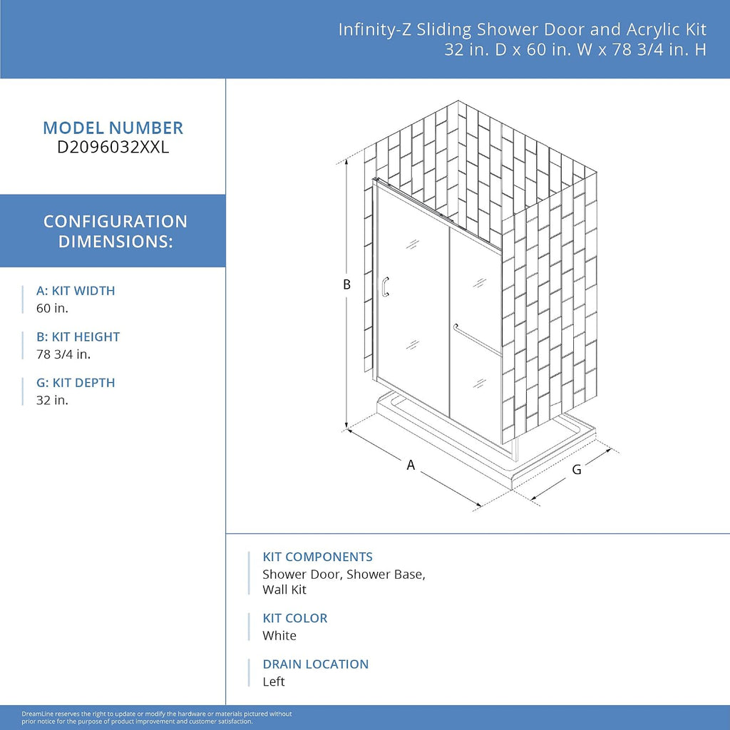 DreamLine Infinity-Z 32 inch D x 60 inch W x 78 3/4 inch H Semi-Frameless Sliding Shower Door in Chrome and Clear Glass, Left Drain Shower Base, and Wall Kit in White