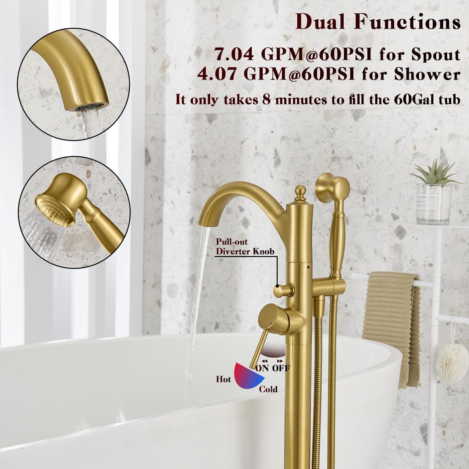 Free Standing Tub Faucet, Brushed Gold Classic Freestanding Bathtub Faucet with Vintage Hand Shower Brass High Flow Rate Floor Mount Tub Filler Swivel Spout Roman Tub Faucet Set (WT-9002BG)