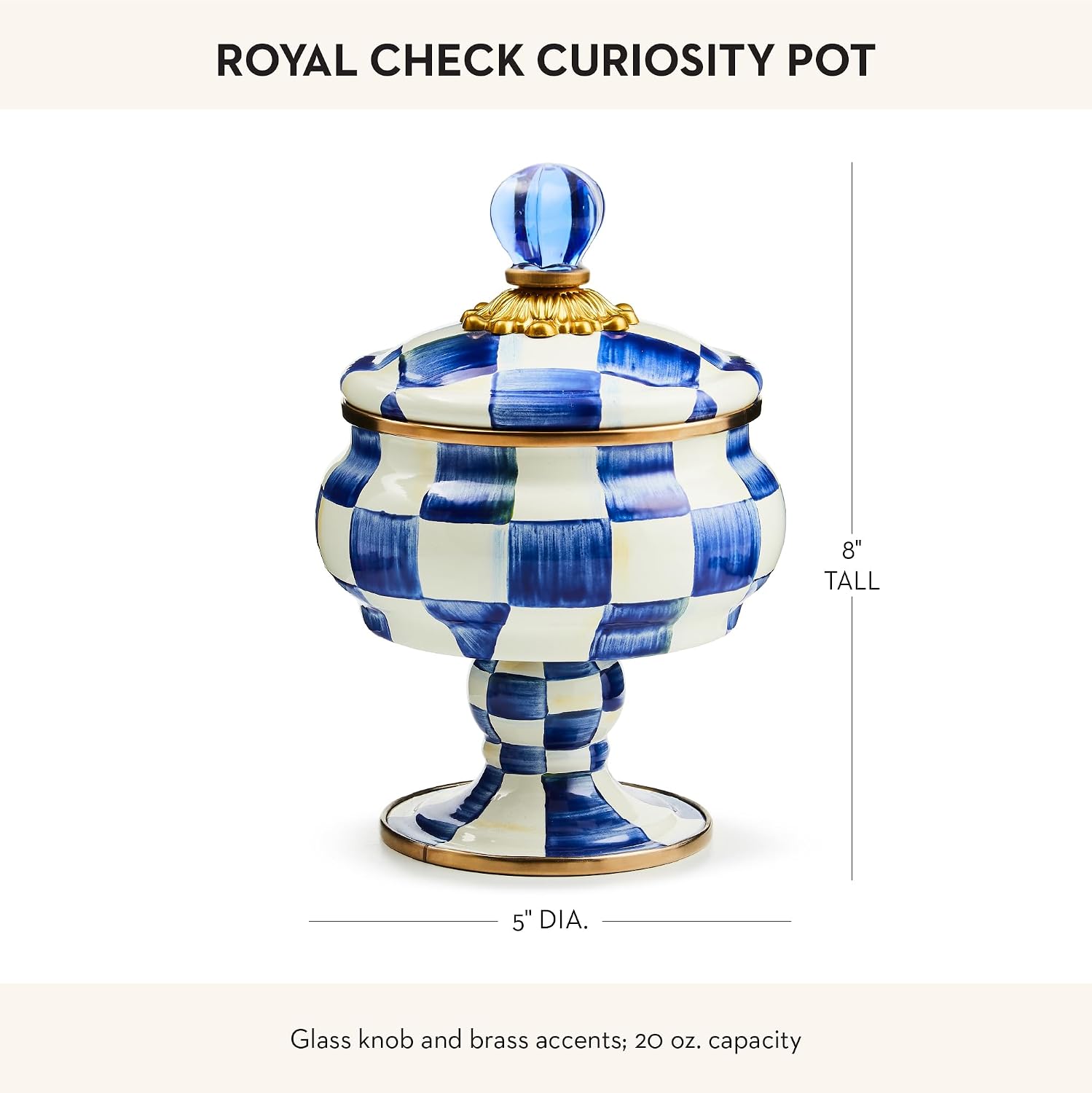 MACKENZIE-CHILDS Enamel Curiosity Pot, Decorative Container for Home Decor, Blue-and-White Royal Check