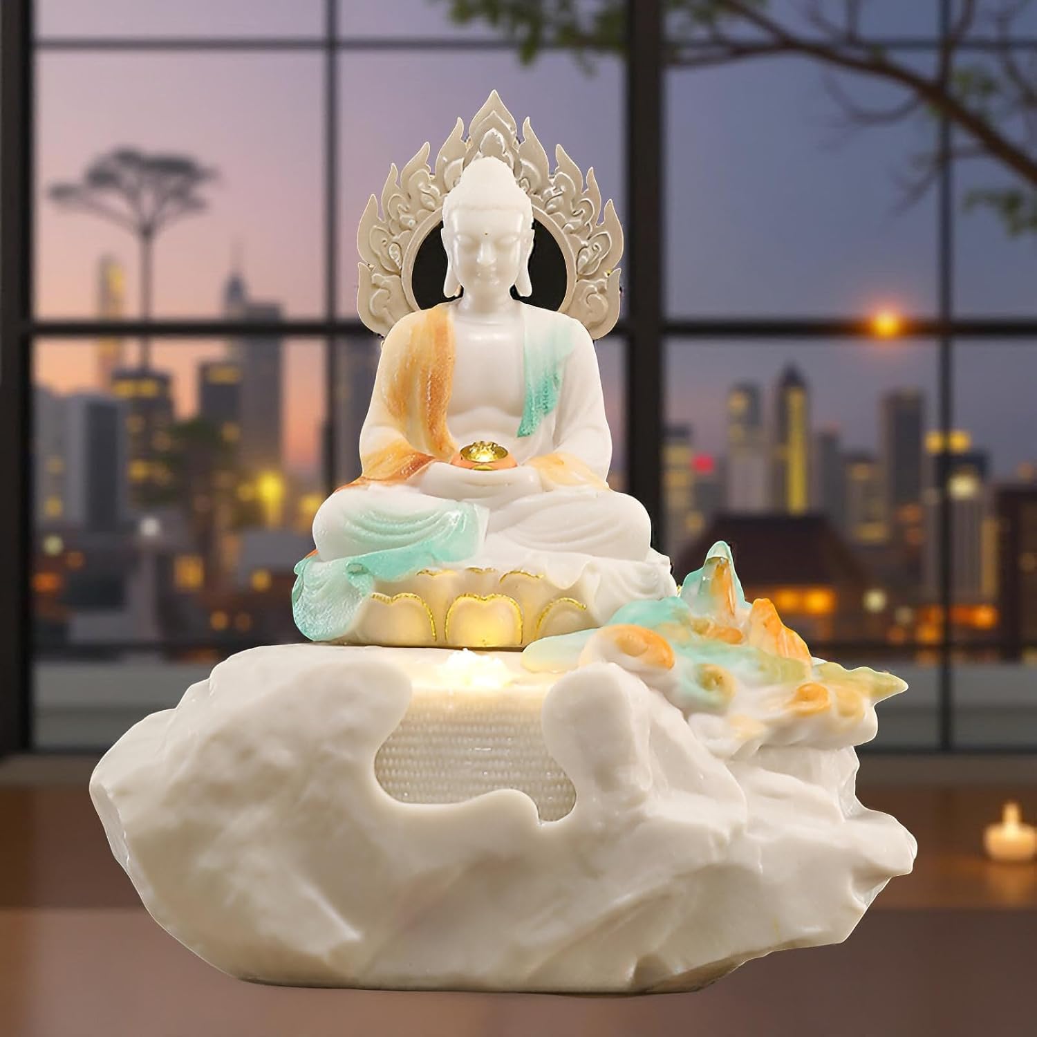 Zen Buddha Tabletop Fountain with LED Lights & Crystal Accents – Indoor Meditation Waterfall Feature with Cascading Water for Home, Office, Living Room or Bedroom – Free 10 Free Crystals (Style 2)