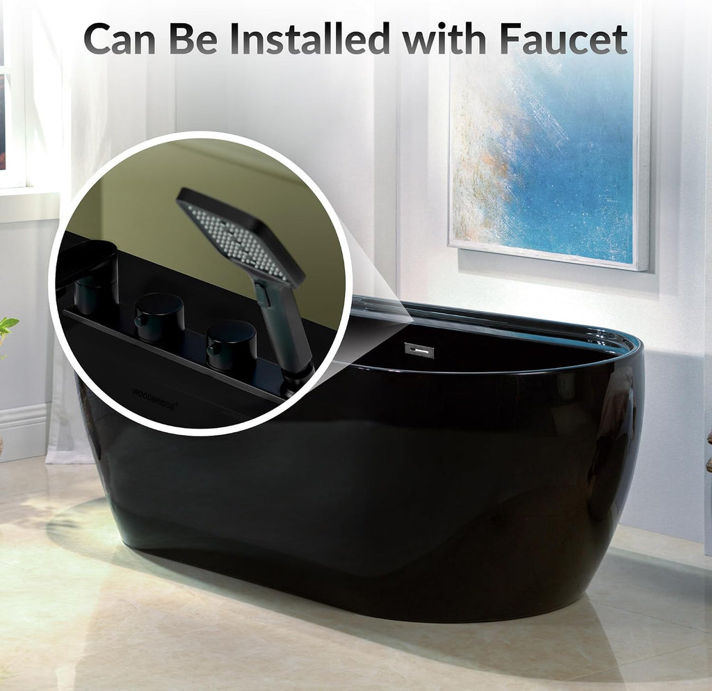 WOODBRIDGE 67' L x 31-1/2' W Freestanding Contemporary Acrylic Soaking Bathtub in Glossy Black Inside and Outside with Brushed Nickel Drain & Overflow,B8863-BN
