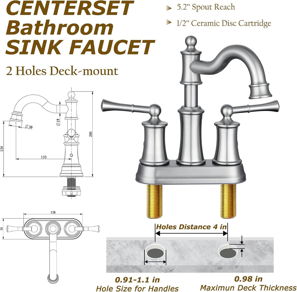 Roman Bathroom Faucet Set, Centerset Sink Faucet 2 Hole with Pop Up Drain, Free Standing Tub Faucet Filler with High Pressure Handheld Shower, Brushed Nickel