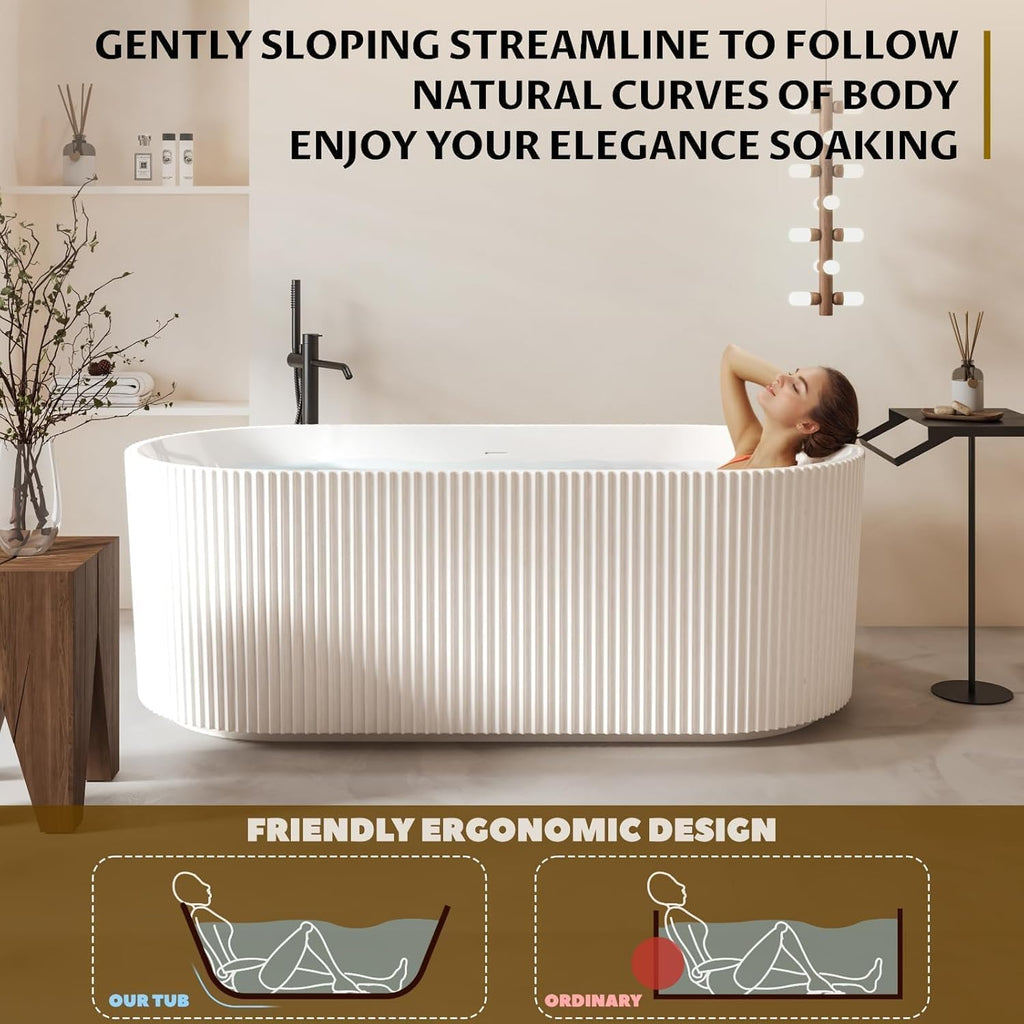 Acrylic Freestanding Bathtub, Deep Soaking Stripe Tub with Drain, Solid Surface Stand Alone Bath, Contemporary Indoor Bathroom Spa Tub for Adults, Large Foot Soak, White