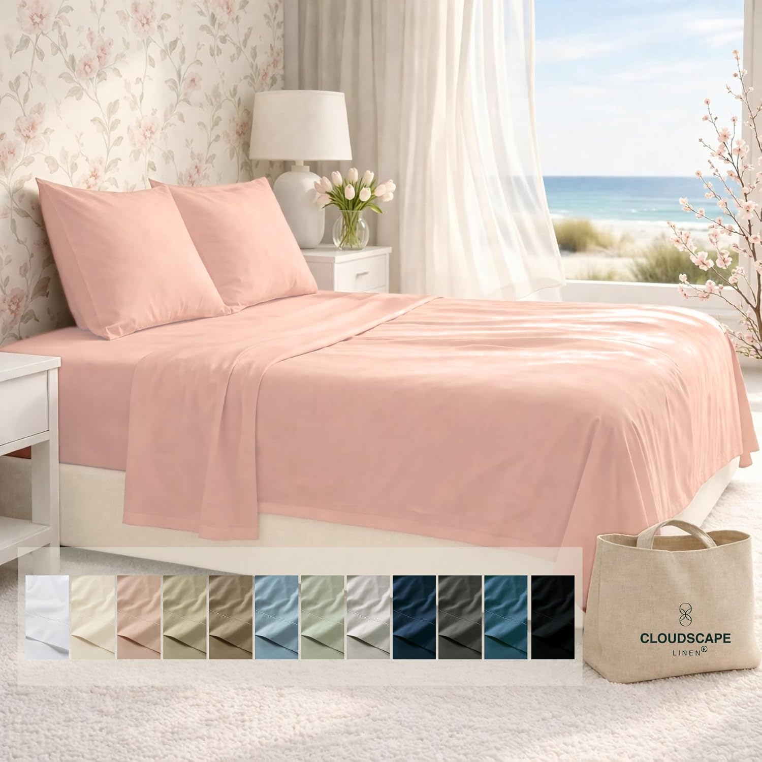 CLOUDSCAPE 100% Egyptian Cotton Sheets Full Size, 4 Pcs Breathable and Naturally Cooling Bedding Set, Long-Staple Cotton for Lasting Softness, Deep Pocket Fitted up to 16' Full Sheet, SepiaRose