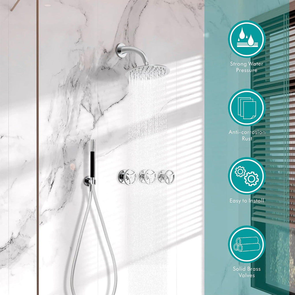 SKOWLL 3 Handle Shower Faucets Set, Polished Chrome Banthroom Shower Sysren with 10 Inch Round Rain Shower Head and Handheld Spray, 2 Function Kit Valve