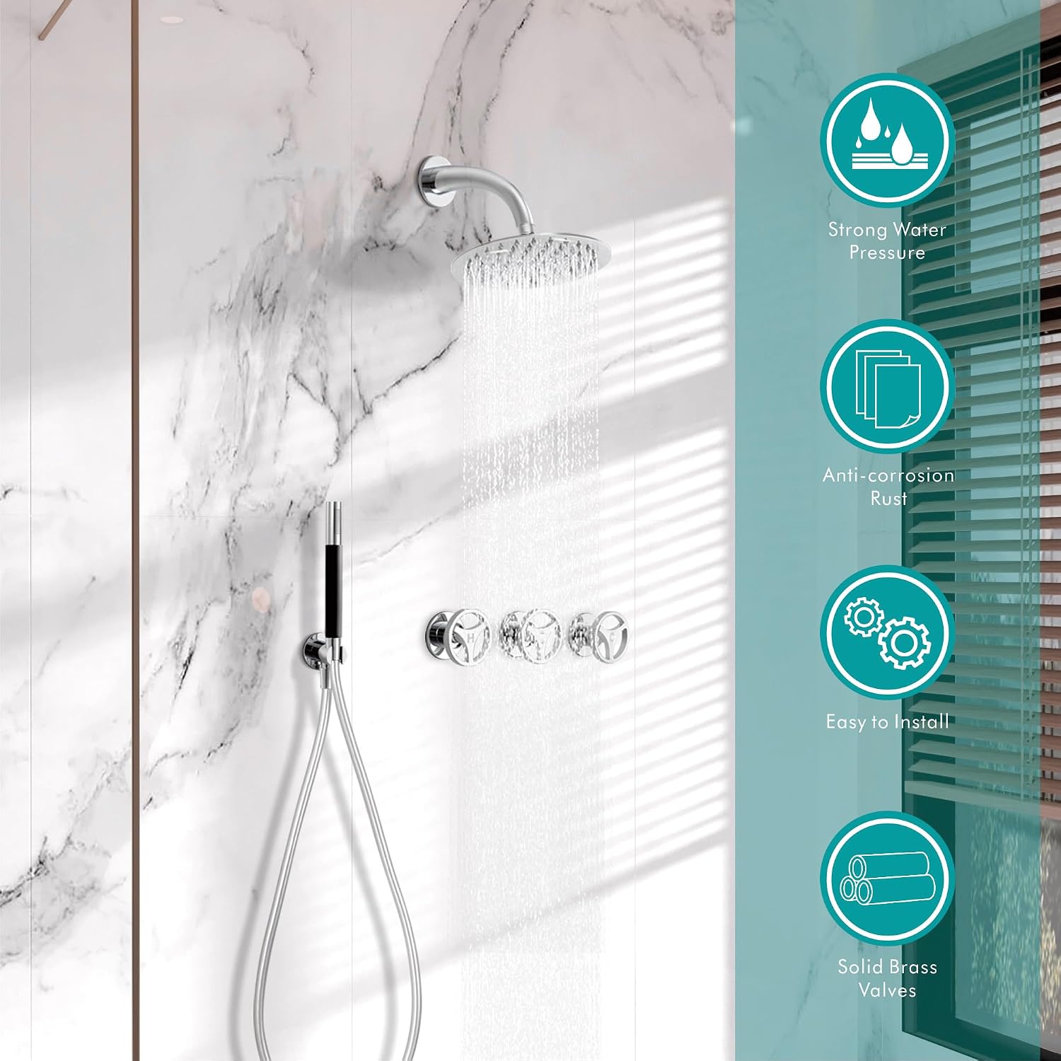 SKOWLL 3 Handle Shower Faucets Set, Polished Chrome Banthroom Shower Sysren with 10 Inch Round Rain Shower Head and Handheld Spray, 2 Function Kit Valve
