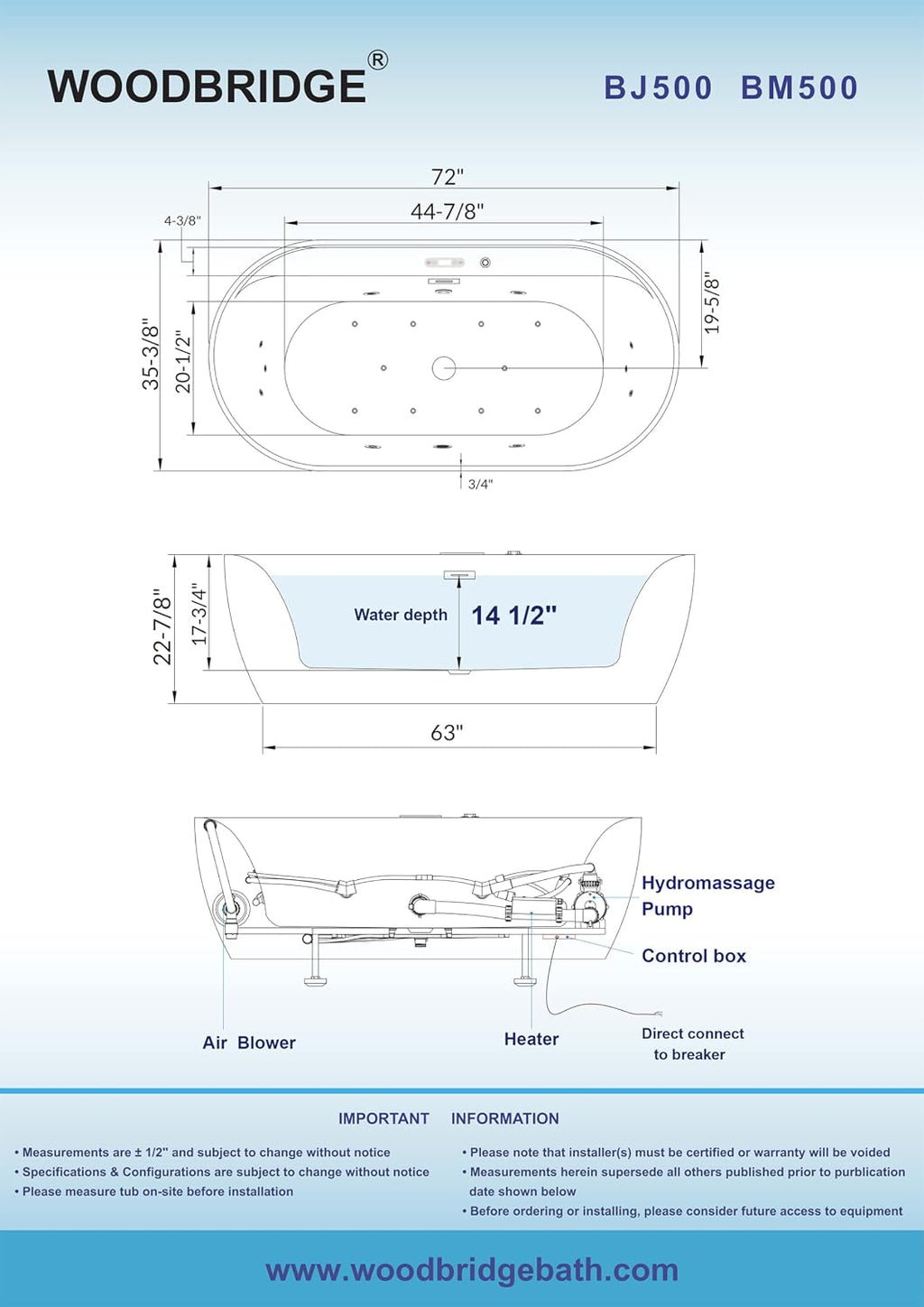 WOODBRIDGE 72' x 35-3/8' Whirlpool and Air Bath Heated Soaking Combination Tub with Adjustable Speed Air Blower and Display Control Panel, Matte Black Finish Trim and Drain Kit, BM500