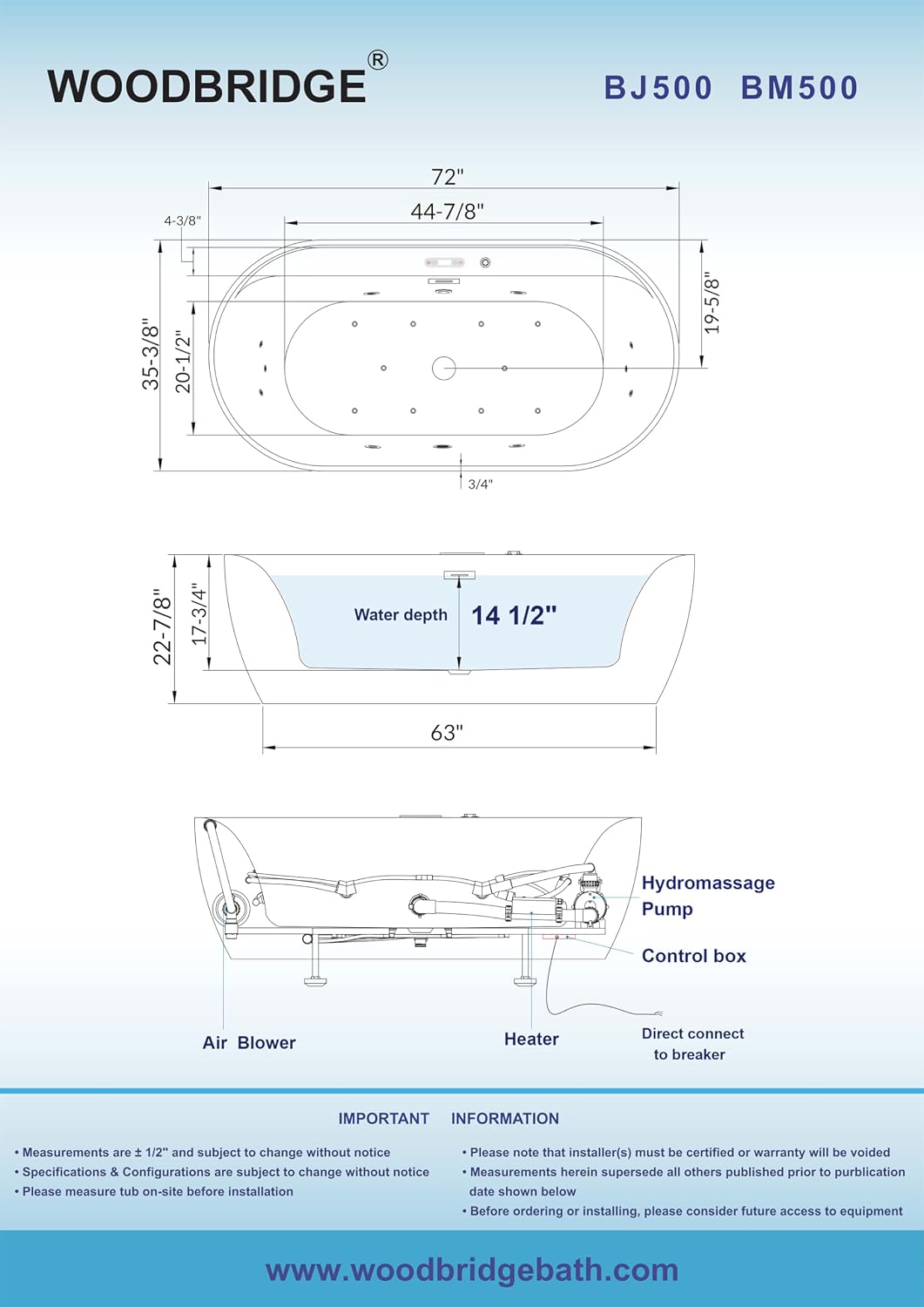 WOODBRIDGE 72' x 35-3/8' Whirlpool and Air Bath Heated Soaking Combination Tub with Adjustable Speed Air Blower and Display Control Panel, Matte Black Finish Trim and Drain Kit, BM500
