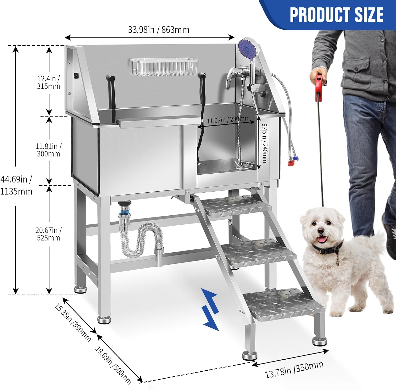 Dog Grooming Tub, L Pet Wash Station, Professional Stainless Steel Pet Grooming Tub With Ramp, Faucet, Sprayer, And Drain Kit