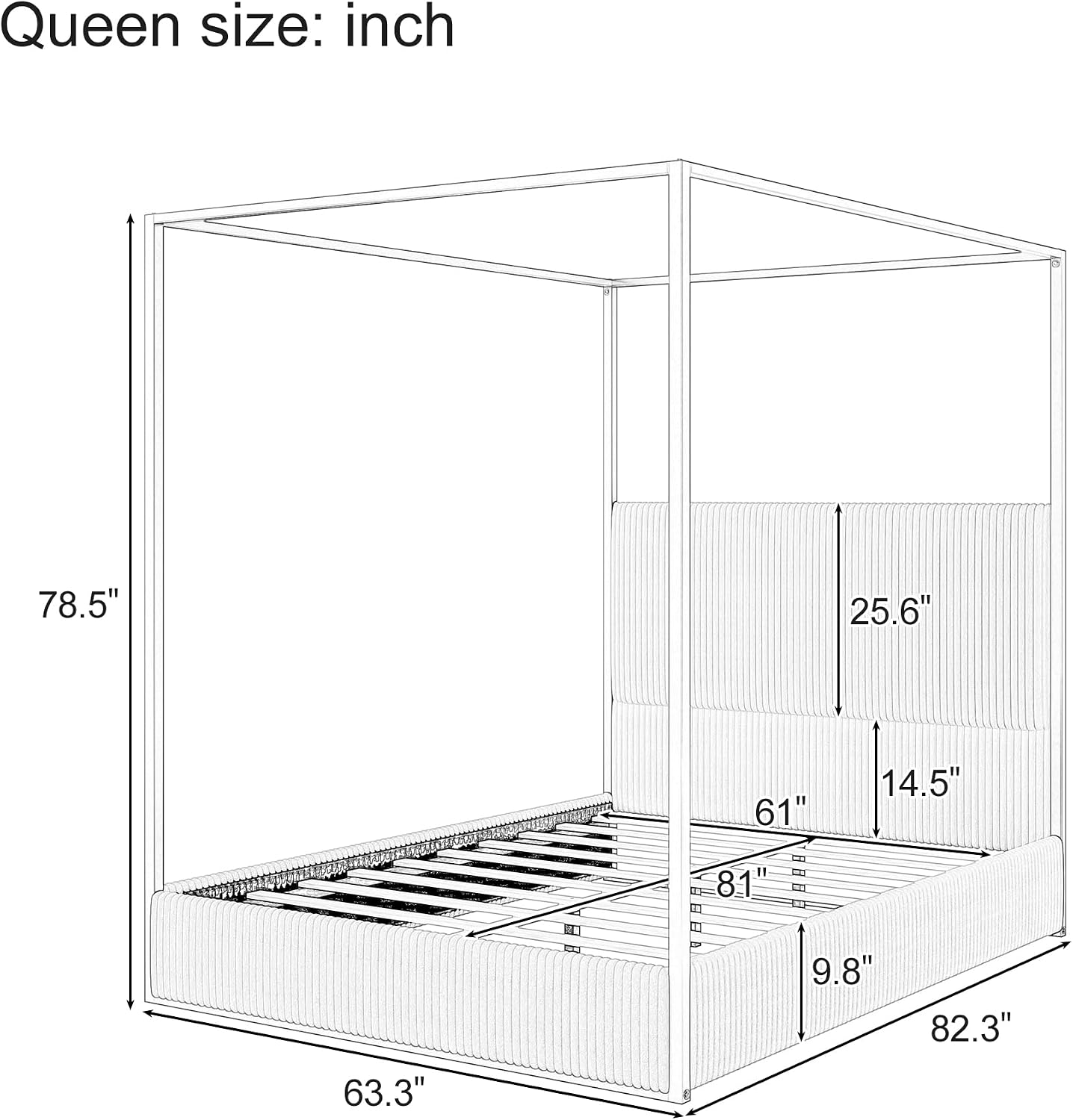 LUMISOL Queen Size Upholstered Canopy Bed, Metal 4 Poster Platform Bed with Tall Corduroy Headboard, Canopy Bed Frame with Wood Slats Support, No Box Spring Needed, Black + White