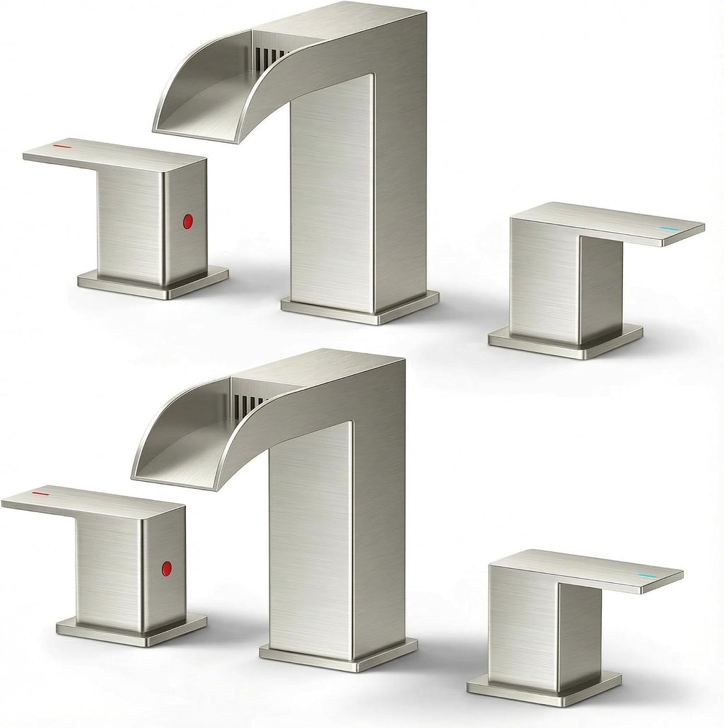 FORIOUS 2 Pack, Bathroom Faucets 3 Hole Brushed Nickel, Waterfall 8 Inch Widespread Bathroom Sink Faucet with Metal Pop-up Drain and Supply Lines, Two Handles for Vanity, Lavatory, Restroom