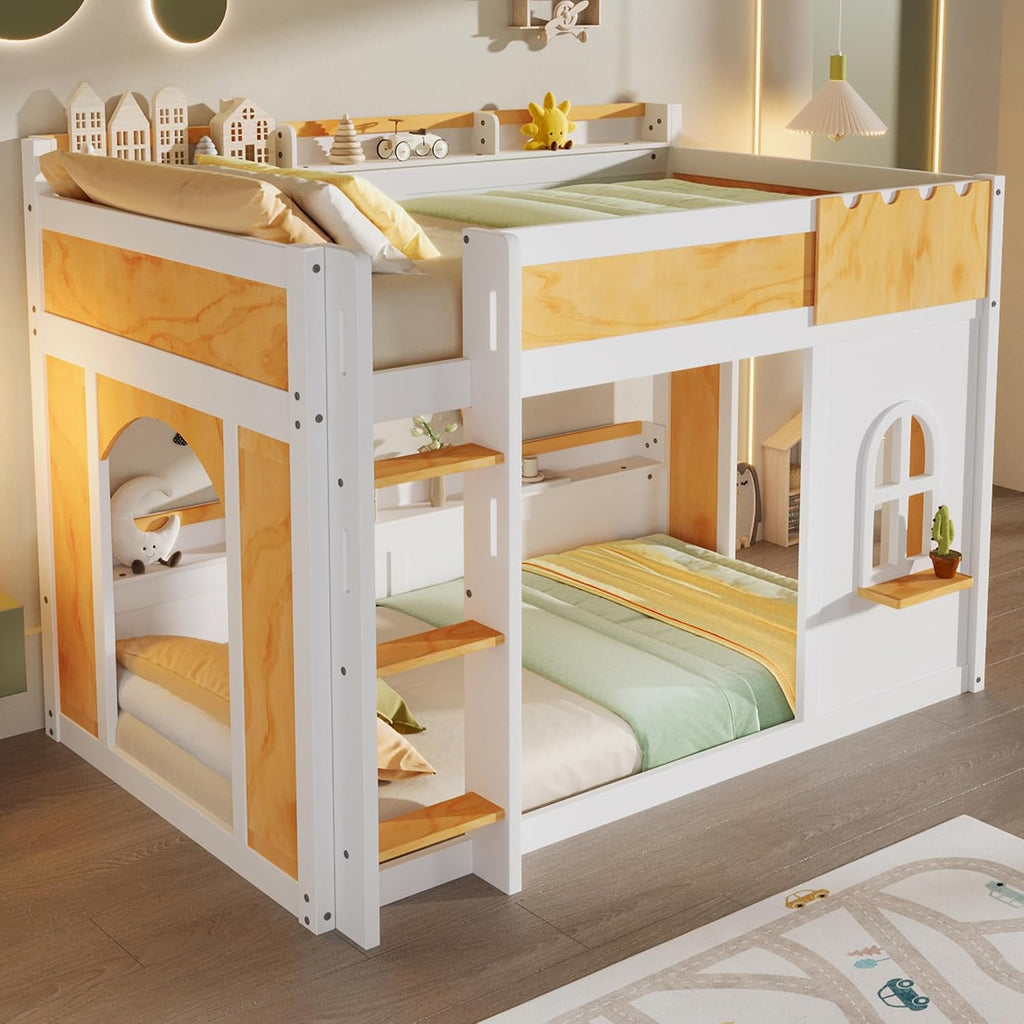 MERITLINE Twin Over Twin Bunk Bed with Storage Shelves,Window,and Doors,Solid Wood Floor House Bunk Bed with Storage, Ladder and Guardrails for Teens Adults