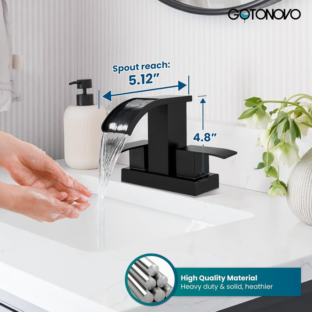 gotonovo Rainfall Bathroom Shower System Wall Mounted Pressure Balancing Valve 12 Inch with gotonovo 4 Inch Centerset Waterfall Bathroom Sink Faucet Deck Mount 2 Handle with Pop Up Drain Matte Black