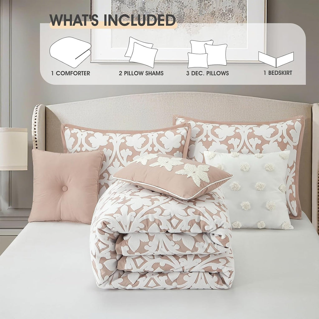LANCO MODERN LIFESTYLE 7 Pieces Comforter Set, Queen, Blush, Jacquard Floral Pattern and Classy Damask Medallion Design, Ultra Soft, Includes Bed Skirt, Shams, and Decorative Pillows