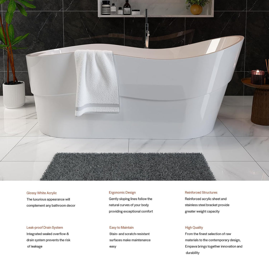Empava Bathtub, 67' Soaking Tub, Acrylic Free Standing Tub with End Drain and Overflow, Contemporary Design Bathtub for Bathroom, cUPC Certified, Glossy White