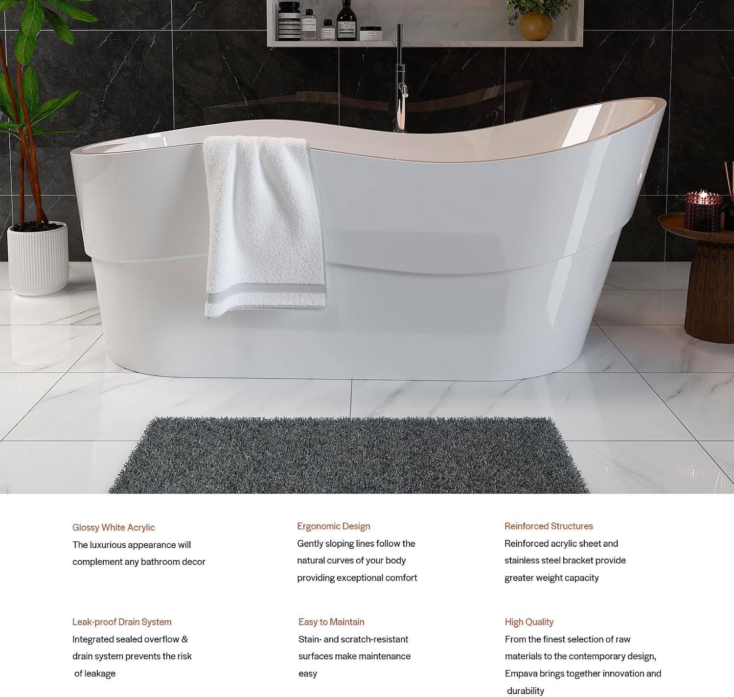 Empava Bathtub, 67' Soaking Tub, Acrylic Free Standing Tub with End Drain and Overflow, Contemporary Design Bathtub for Bathroom, cUPC Certified, Glossy White