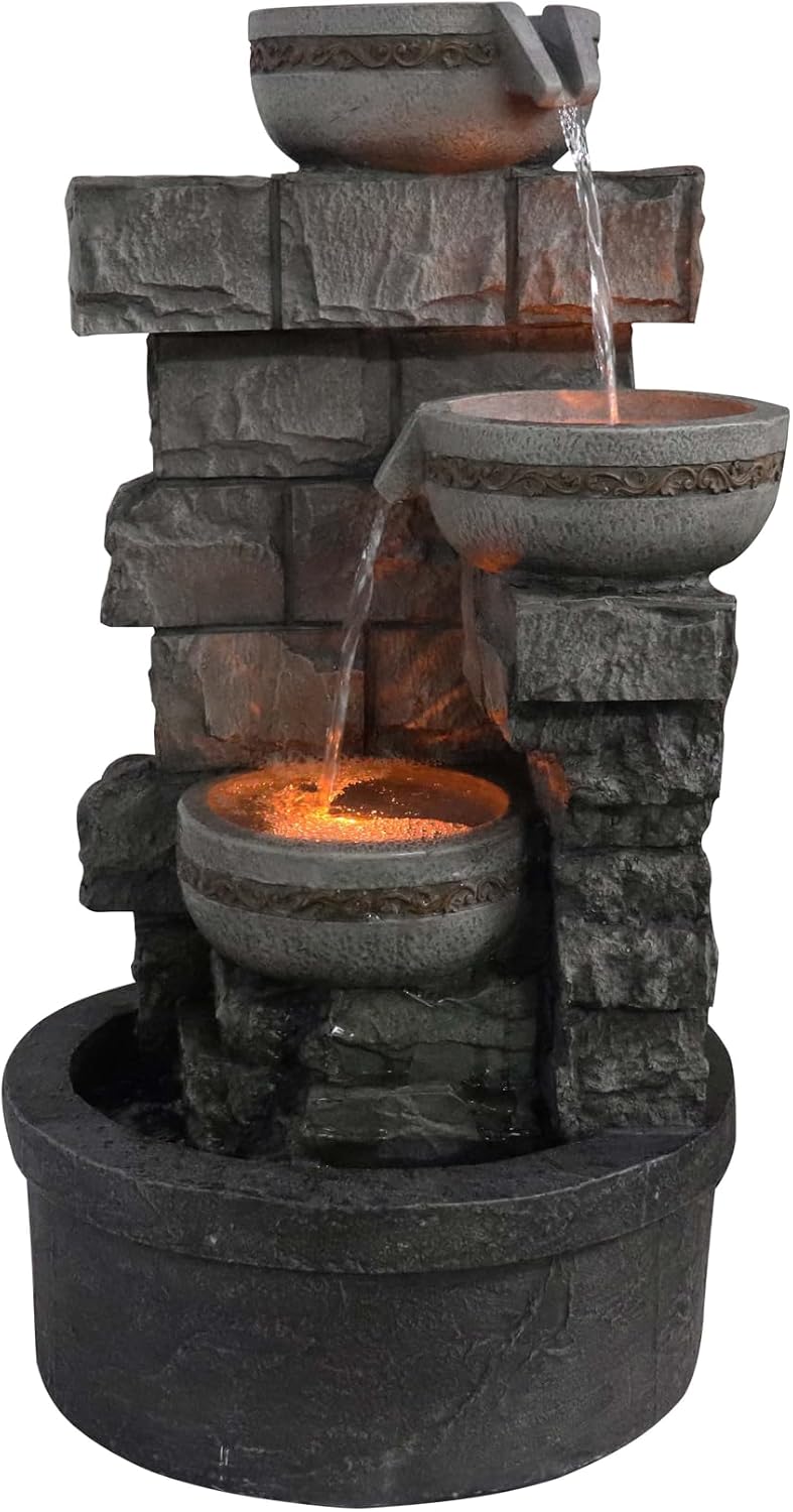 Water Fountian Outdoor - 3 Tiered Bowls Floor Stacked Stone Pump Waterfall Fountain,Good Rest Stop for Bird,Provide Flowing Water Feature for Outside Garden,Backyard,Lawn,27 Inch Tall