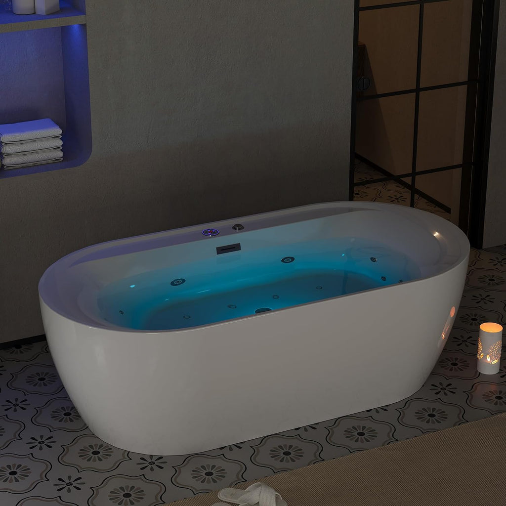 71 inch Whirlpool Freestanding Bathtub with Air Bubble & Hydro Massage – Heated Soaking Tub with Digital Control Panel, Glossy White Acrylic Spa Tub for Main Bathroom