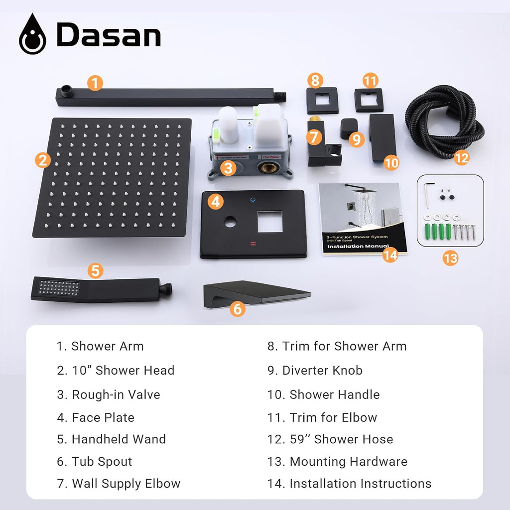 DASAN Tub Shower Faucets Sets Complete Matte Black Bathtub Shower System with Waterfall Tub Spout, Bathtub Faucet Set Tub and Shower Faucet Combo Trim Kit with Valve, DA-SS04MB-S10W
