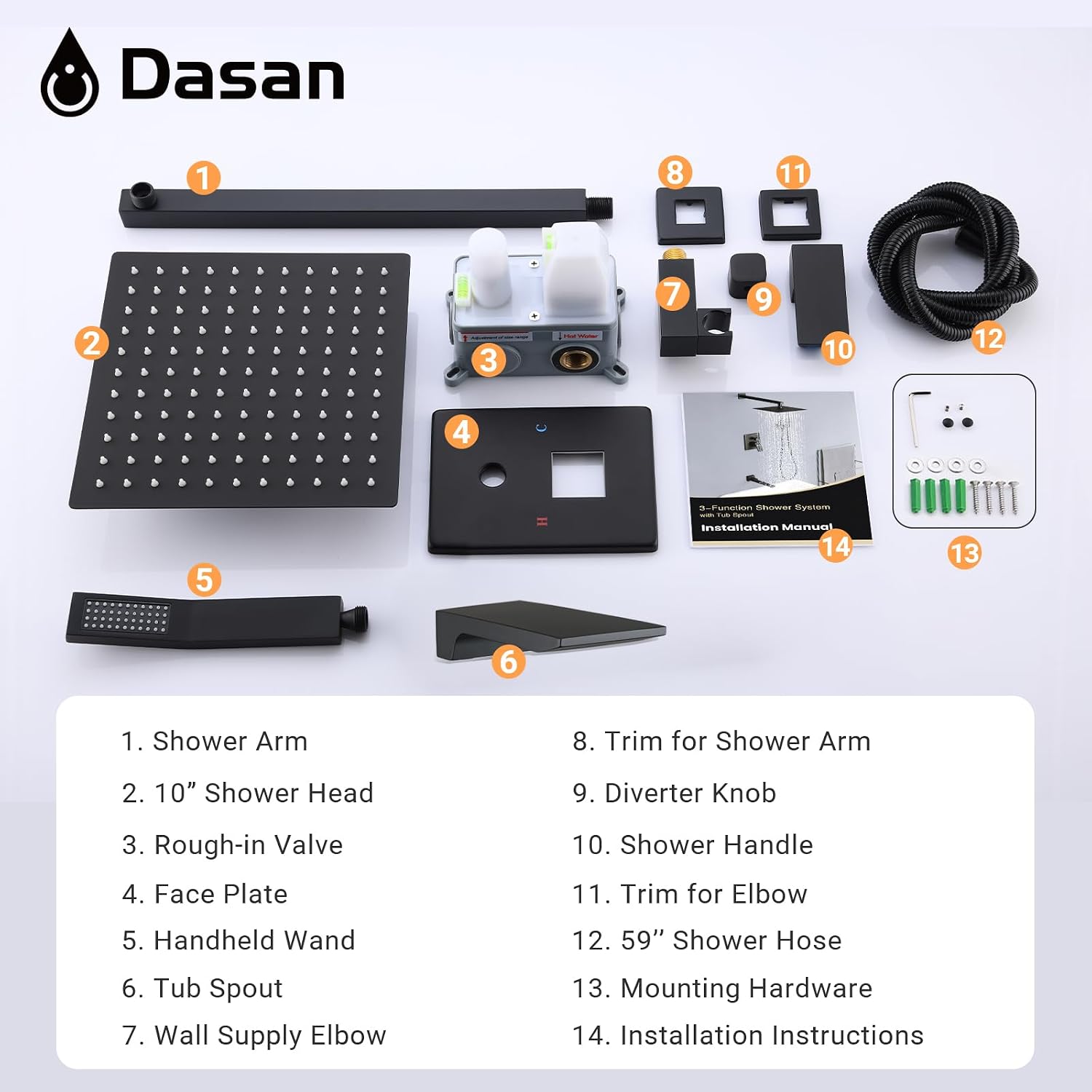DASAN Tub Shower Faucets Sets Complete Matte Black Bathtub Shower System with Waterfall Tub Spout, Bathtub Faucet Set Tub and Shower Faucet Combo Trim Kit with Valve, DA-SS04MB-S10W