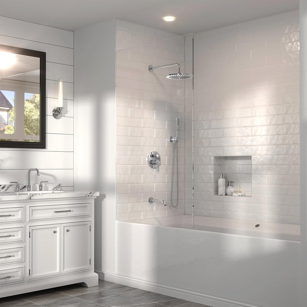 Lava Odoro Modern 3-Setting Round Rain Bathtub and Shower Faucet Set, Chrome Rainfall Shower Head and Handle Set, Rain Shower System with Tub Spout, Shower Valve Trim Kit, Chrome, SF104-C-T