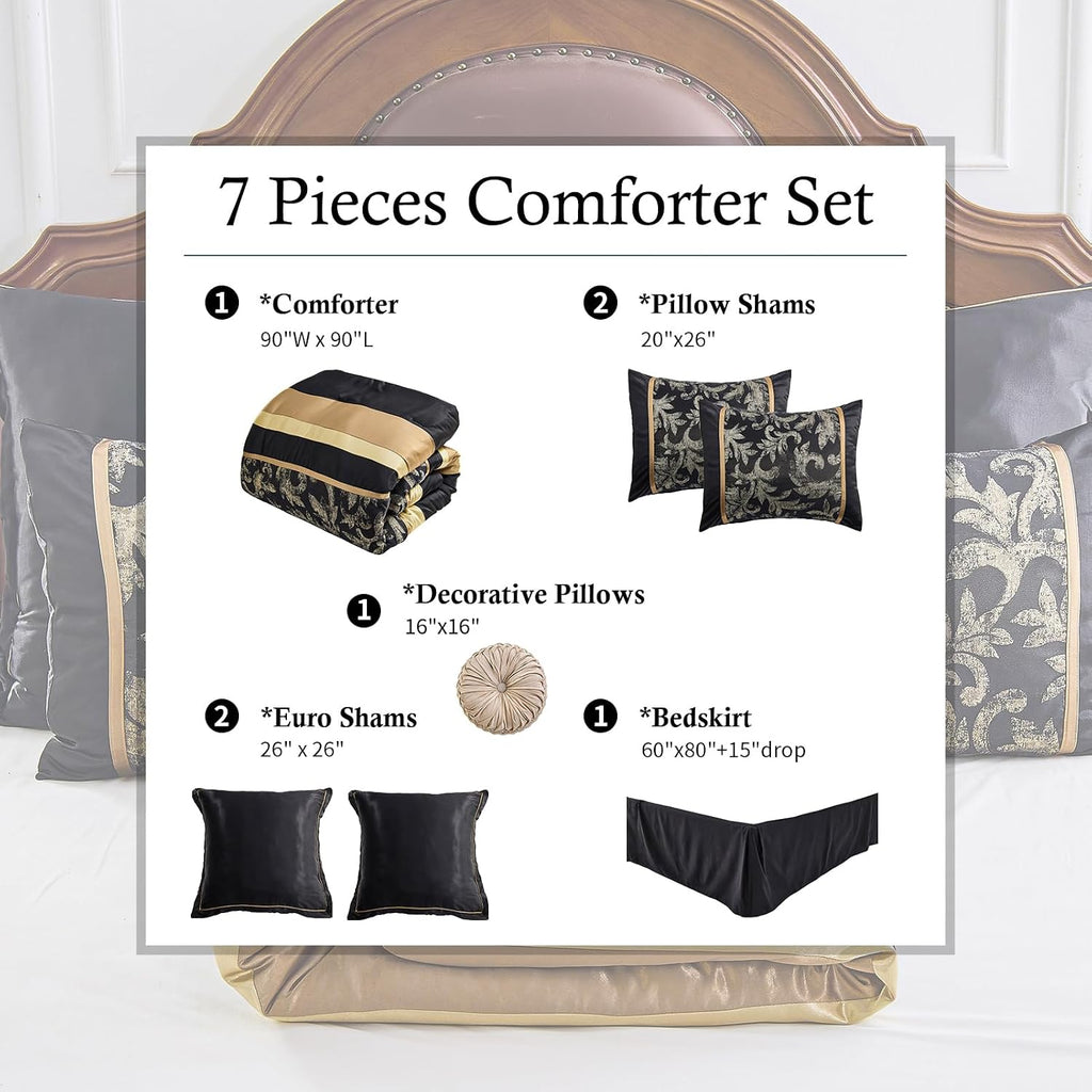 Finlonte 7-Pieces Black Gold Comforter Set Queen Size, Luxury Jacquard Floral Bed in a Bag, Vintage Geometric Patchwork All Season Down Alternative Bedding Set with Matching Pillows, Shams, Bed Skirt