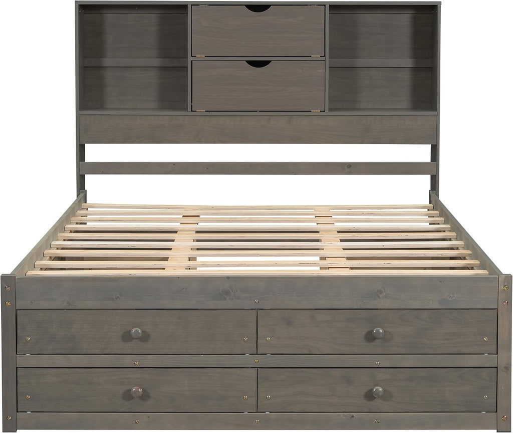 King Size Platform Bed with Storage Headboard, Solid Wood Platform Bed Captain's Bed Frame with 8 Drawers, Sturdy Slats Support, Maximize Space (Grey-8R, King)