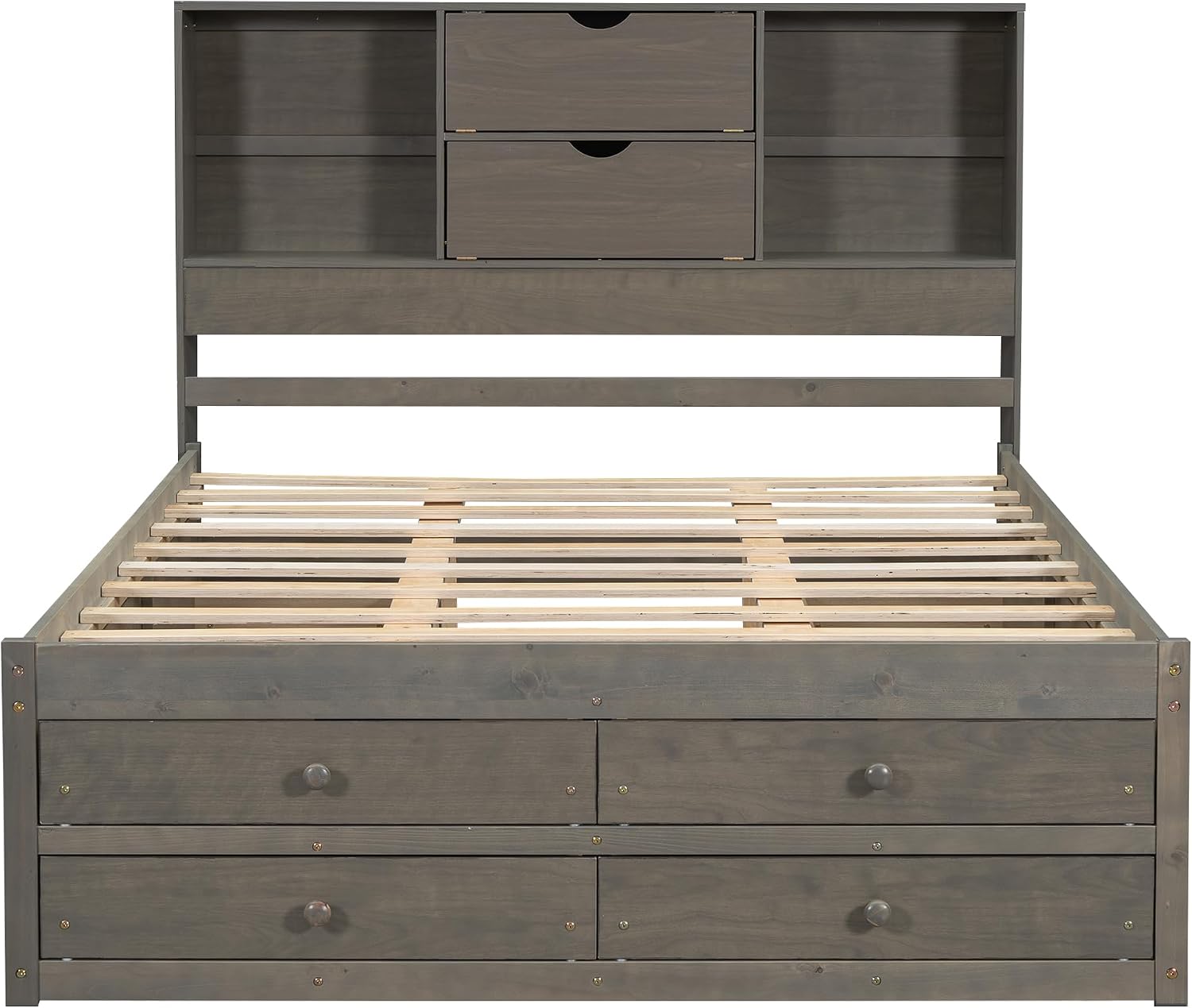 King Size Platform Bed with Storage Headboard, Solid Wood Platform Bed Captain's Bed Frame with 8 Drawers, Sturdy Slats Support, Maximize Space (Grey-8R, King)