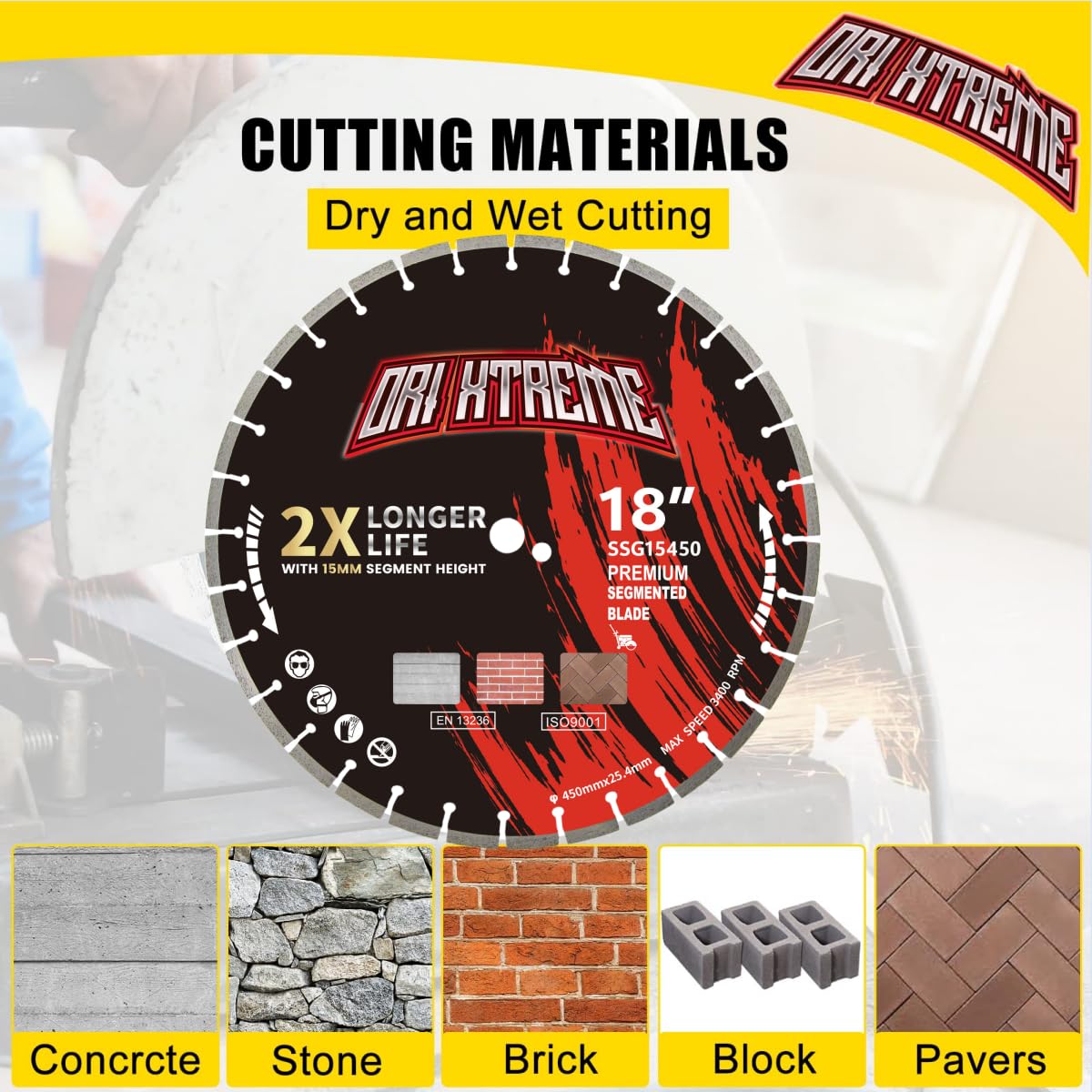18 Inch Diamond Concrete Saw Blade, Segmented General Purpose Blade Dry/Wet Cutting Concrete, Reinforced Concrete, Masonry, Brick, Block,1' Arbor
