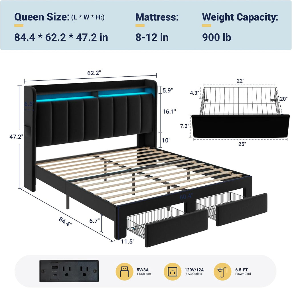 Allewie Velvet Vertical Tufted Queen Upholstered Platform Bed Frame with 2-Tier LED Storage Headboard & 2 Storage Drawers, USB & Type-C Charging Ports, Noise-Free/No Box Spring Needed, Black