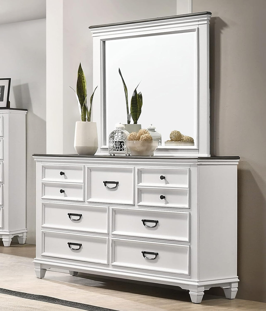 Clelane Wood Bedroom Set with Shiplap Panel Queen Bed, Dresser, Mirror, and Two Nightstands in Weathered White and Dark Gray