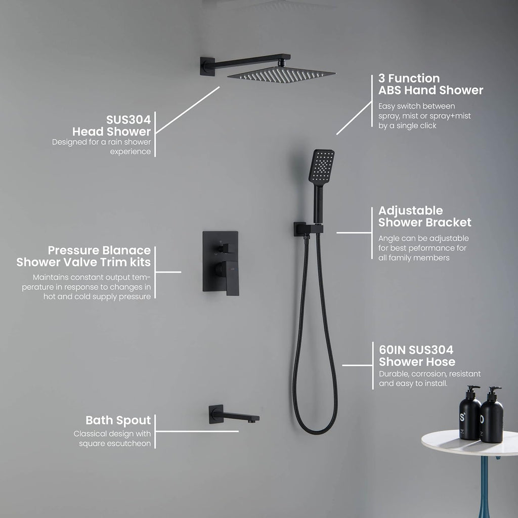 KIBI Cube 3-Function Matte Black Wall Mounted Bathroom Shower System | Solid Brass Pressure Balanced Valve Bath Faucet Set | 15-inch Shower Arm | Handheld Waterfall Shower Mode (KSF406MB)